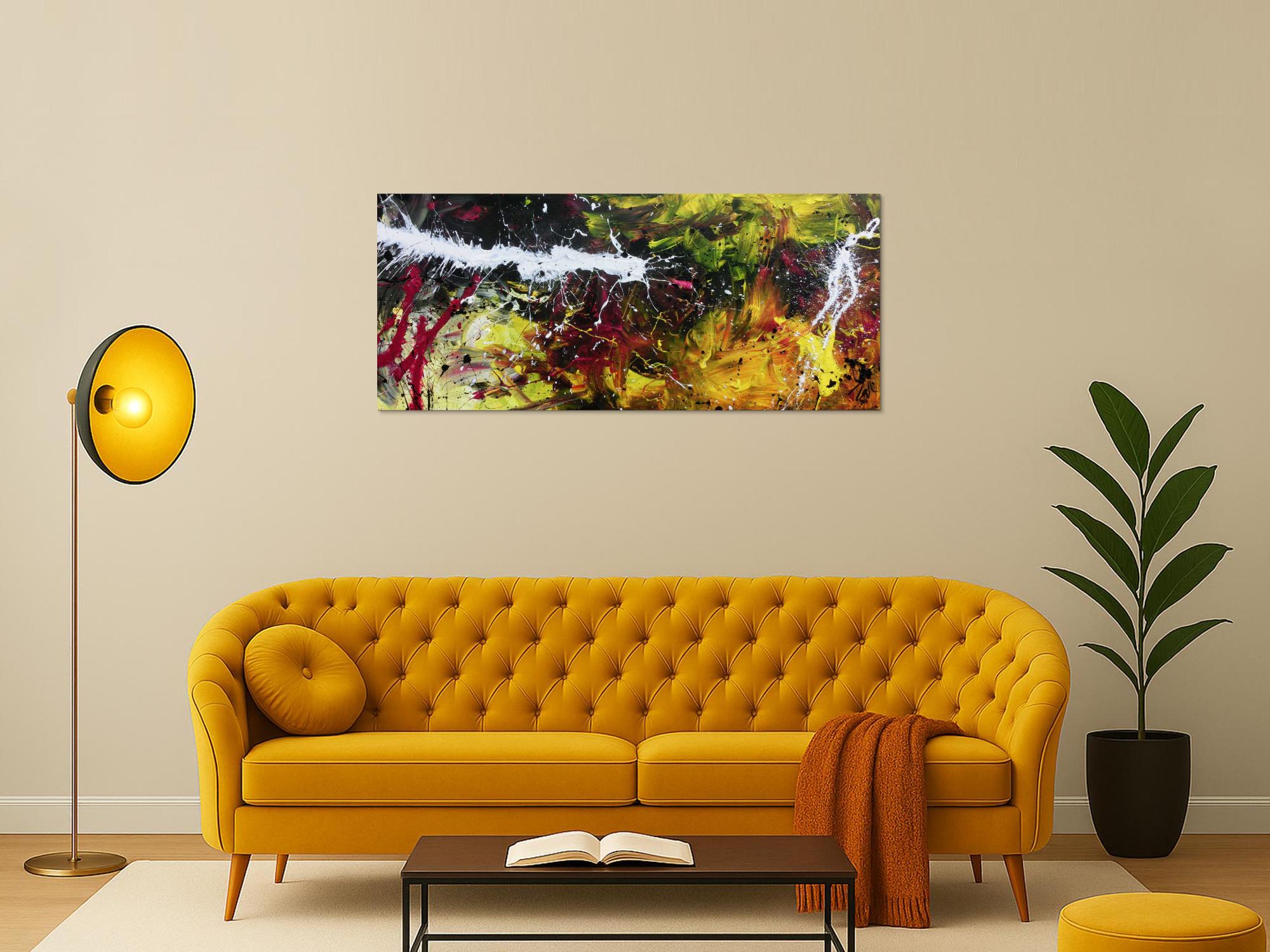 Abstraktes Acrylbild modern in Schwaz gelb weiß und pink