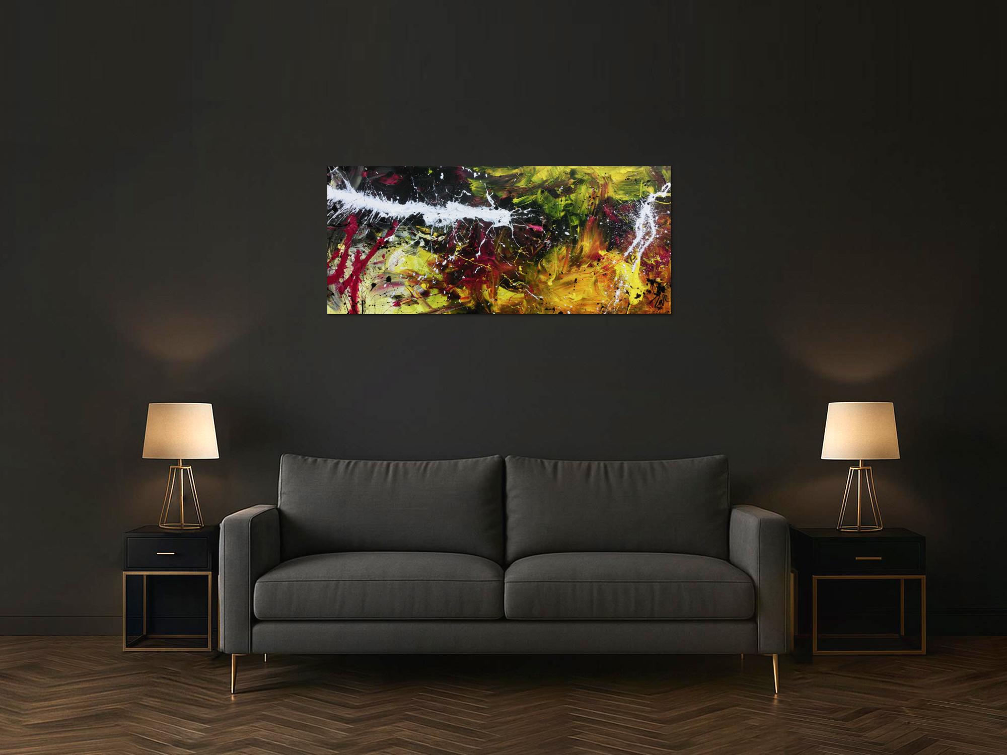 Abstraktes Acrylbild modern in Schwaz gelb weiß und pink