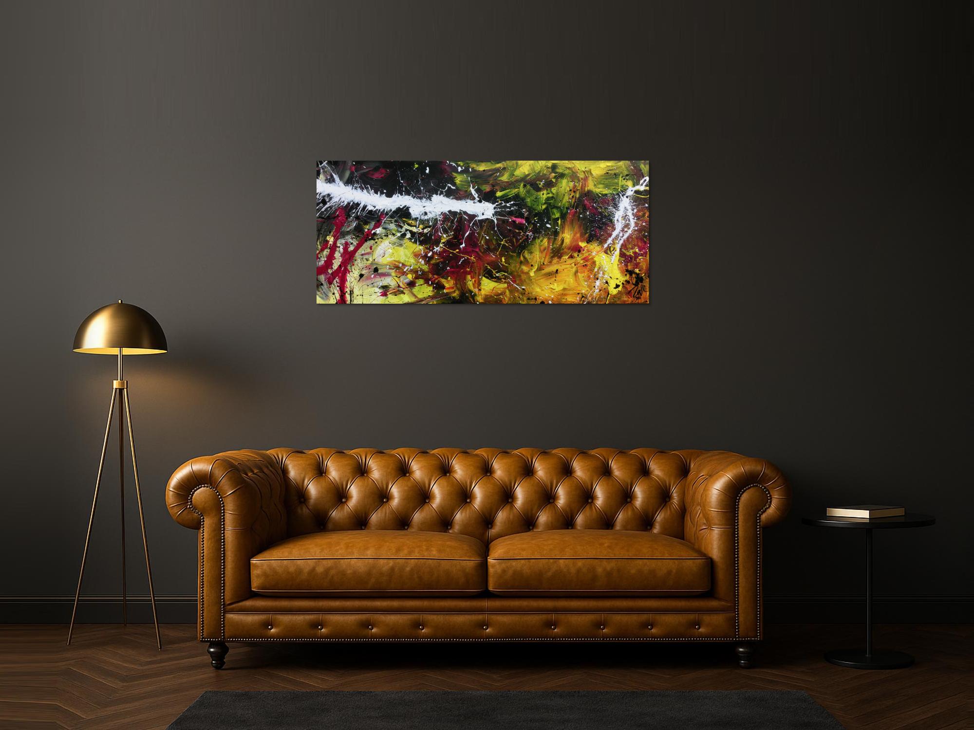 Abstraktes Acrylbild modern in Schwaz gelb weiß und pink