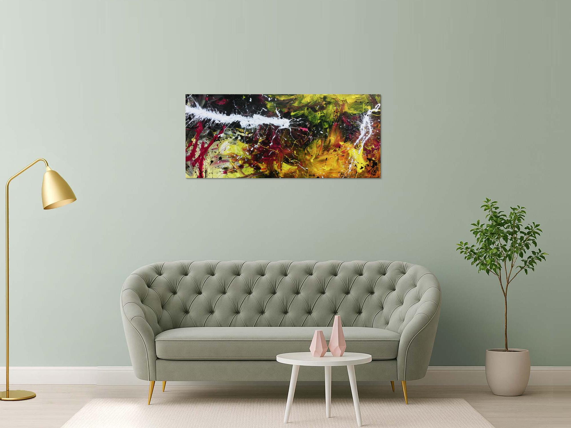 Abstraktes Acrylbild modern in Schwaz gelb weiß und pink