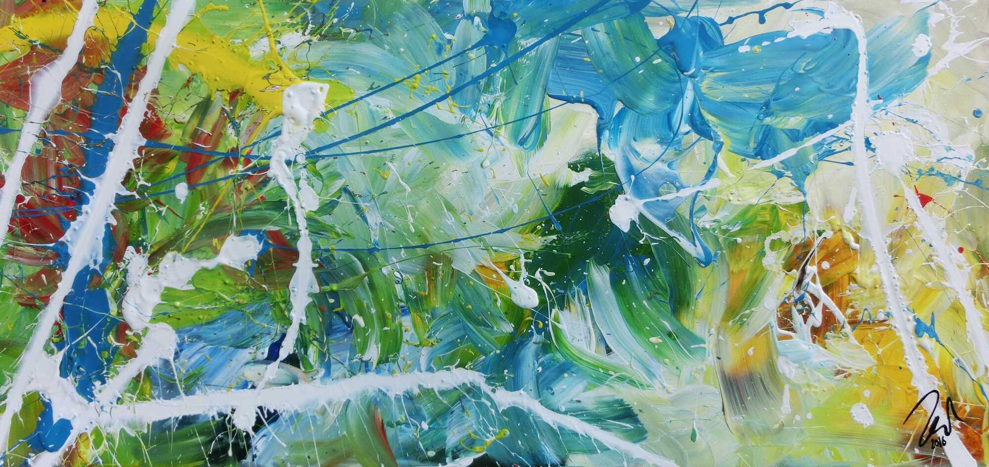 Modernes helles abstraktes Acrylgemälde bunt mit viel weiß und türkis