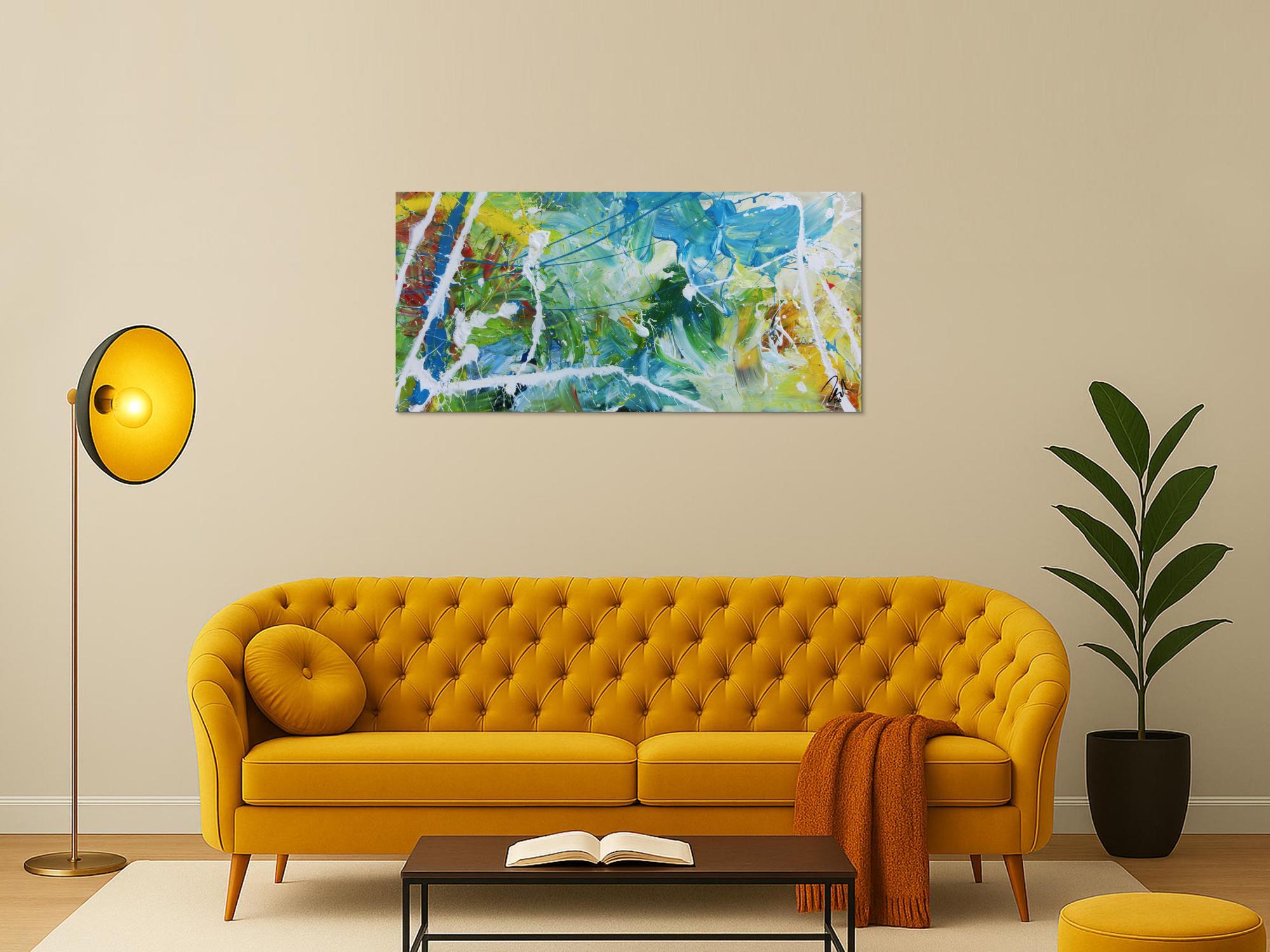 Modernes helles abstraktes Acrylgemälde bunt mit viel weiß und türkis