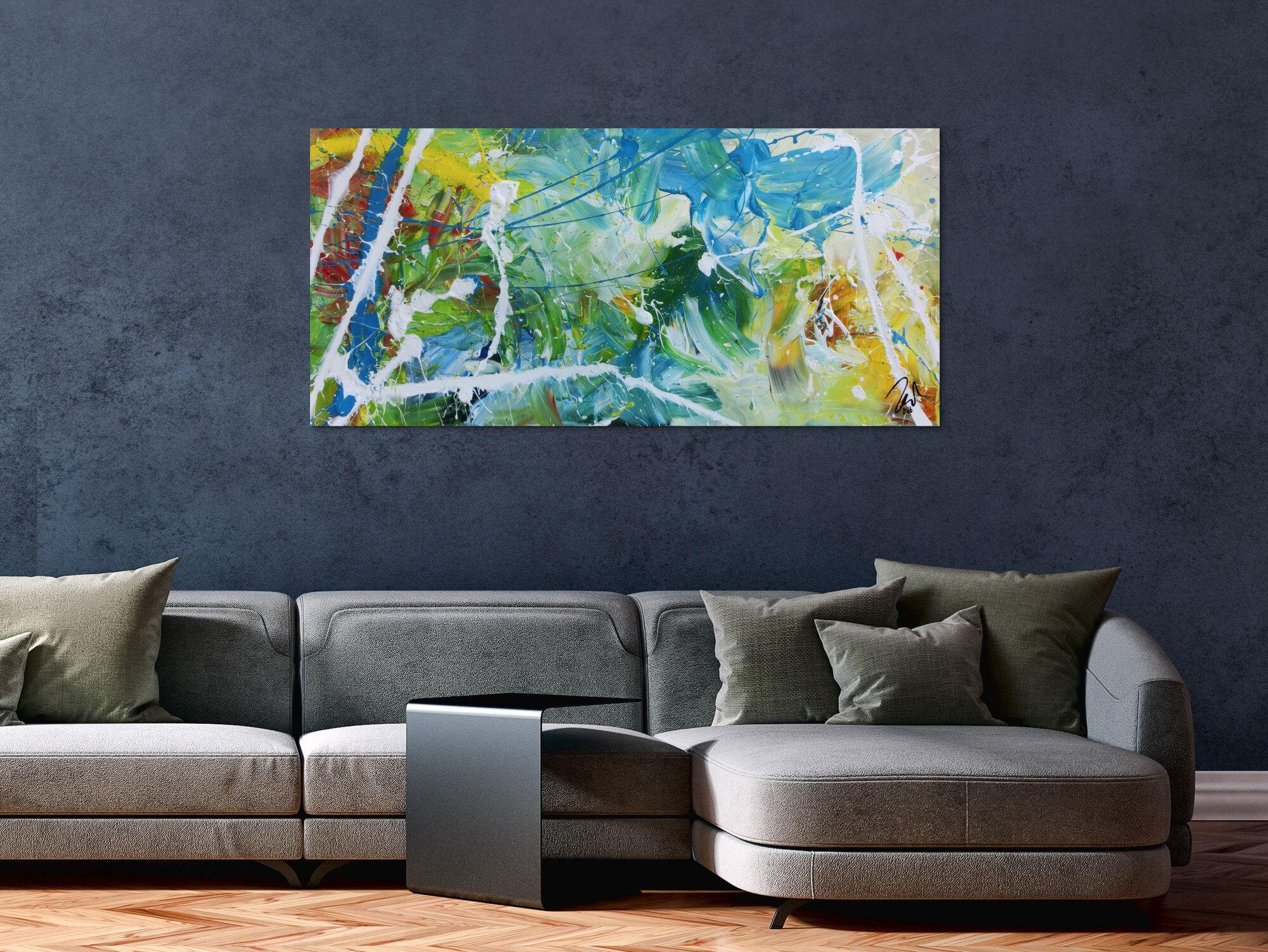 Modernes helles abstraktes Acrylgemälde bunt mit viel weiß und türkis