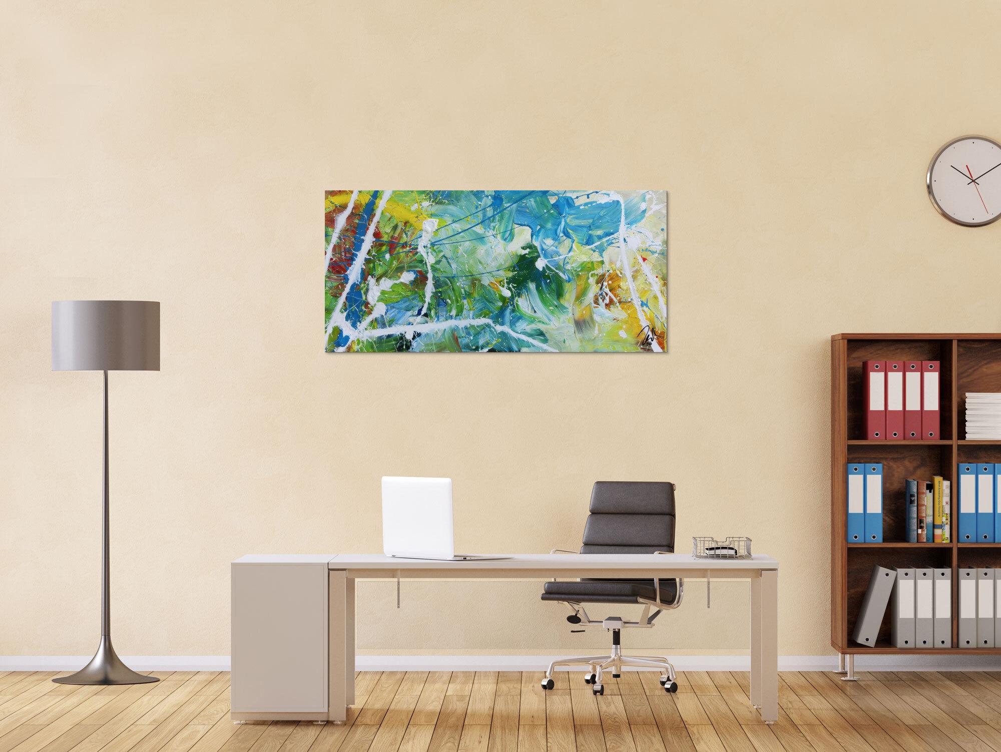 Modernes helles abstraktes Acrylgemälde bunt mit viel weiß und türkis