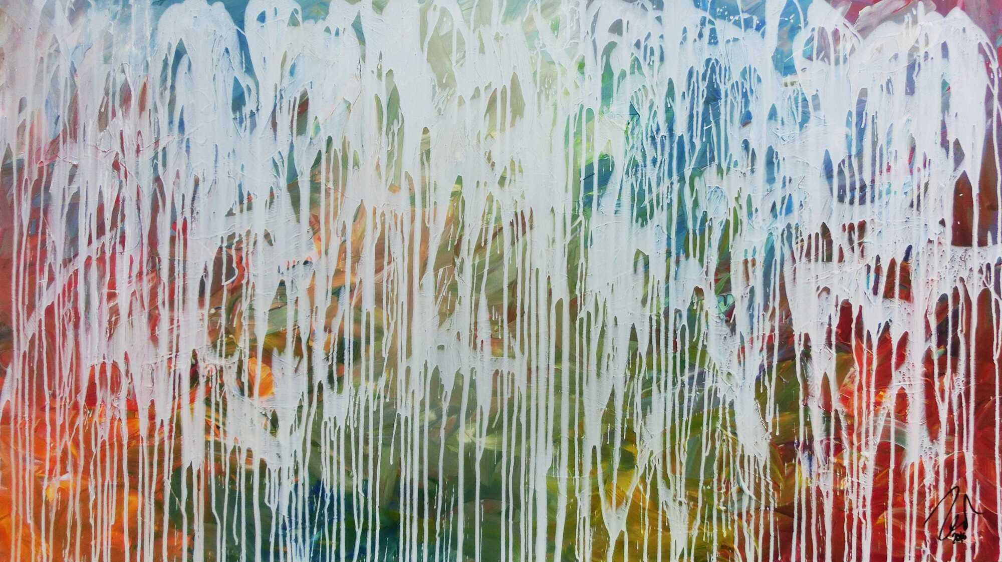 Sehr modernes Acrylgemälde abstrakt viele bunte Farben mit weiß