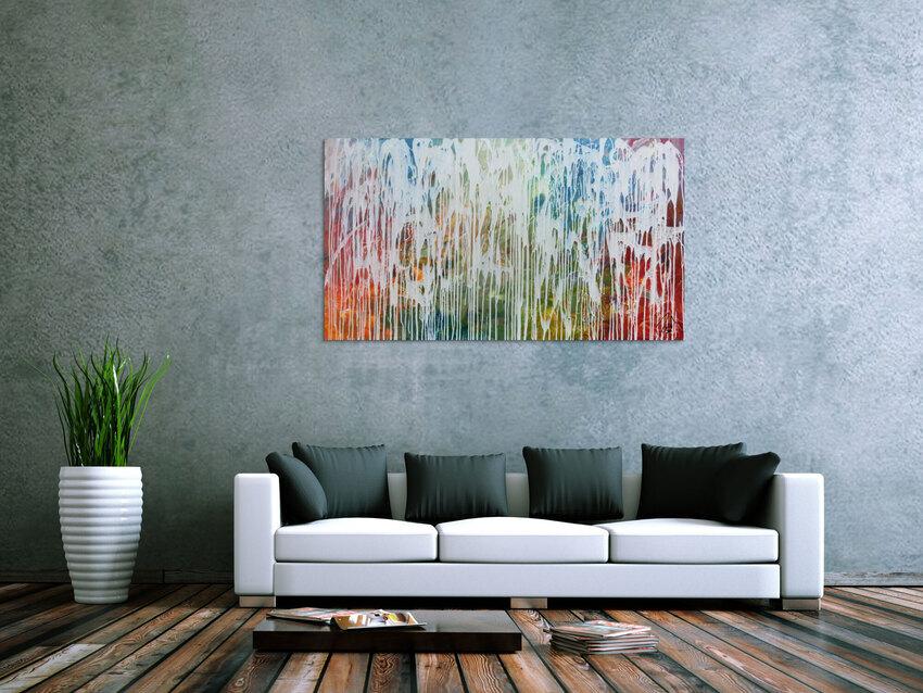Sehr modernes Acrylgemälde abstrakt viele bunte Farben mit weiß