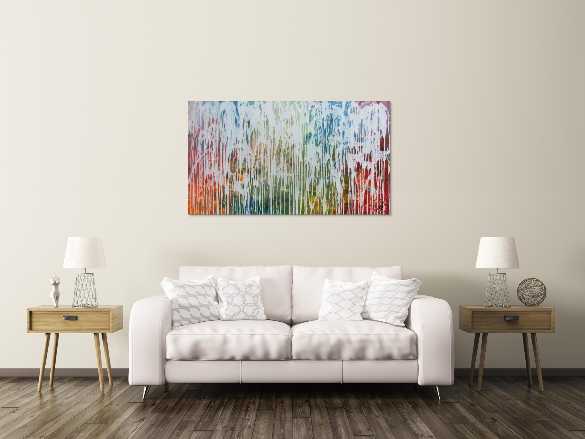 Sehr modernes Acrylgemälde abstrakt viele bunte Farben mit weiß