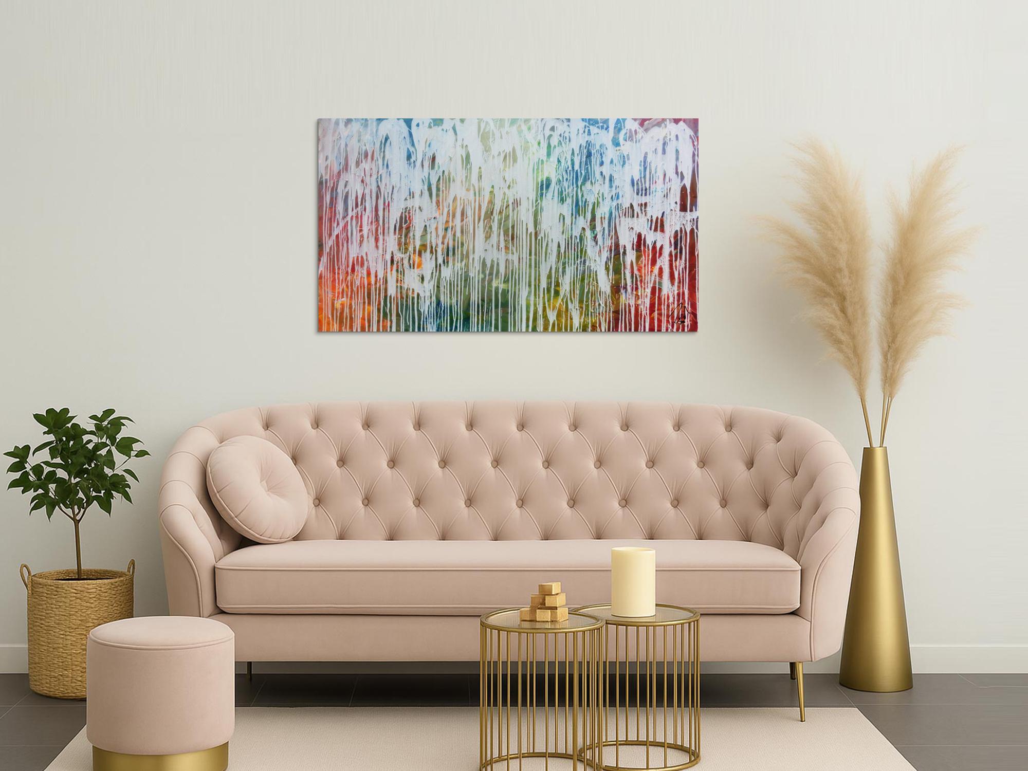 Sehr modernes Acrylgemälde abstrakt viele bunte Farben mit weiß