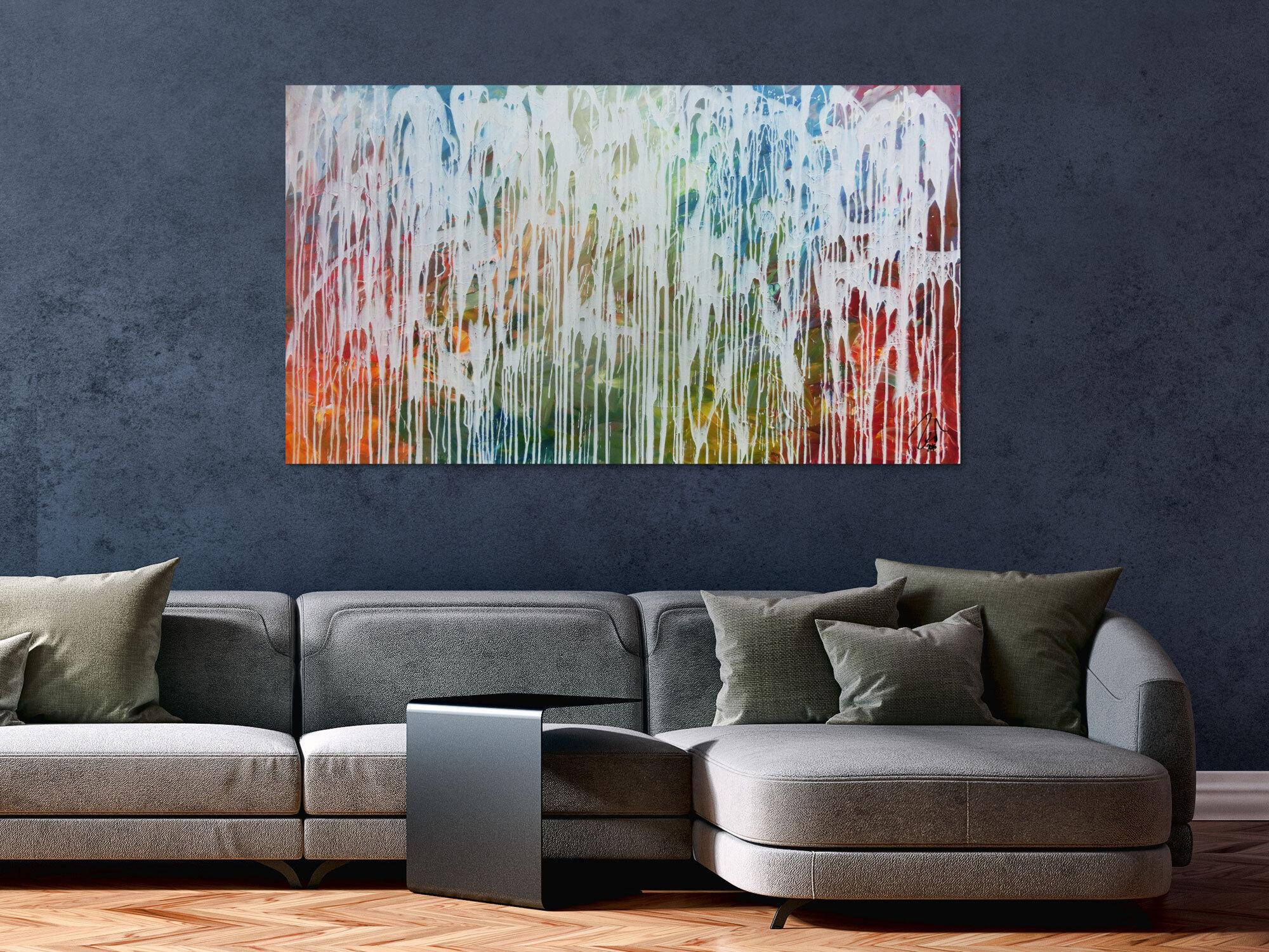 Sehr modernes Acrylgemälde abstrakt viele bunte Farben mit weiß