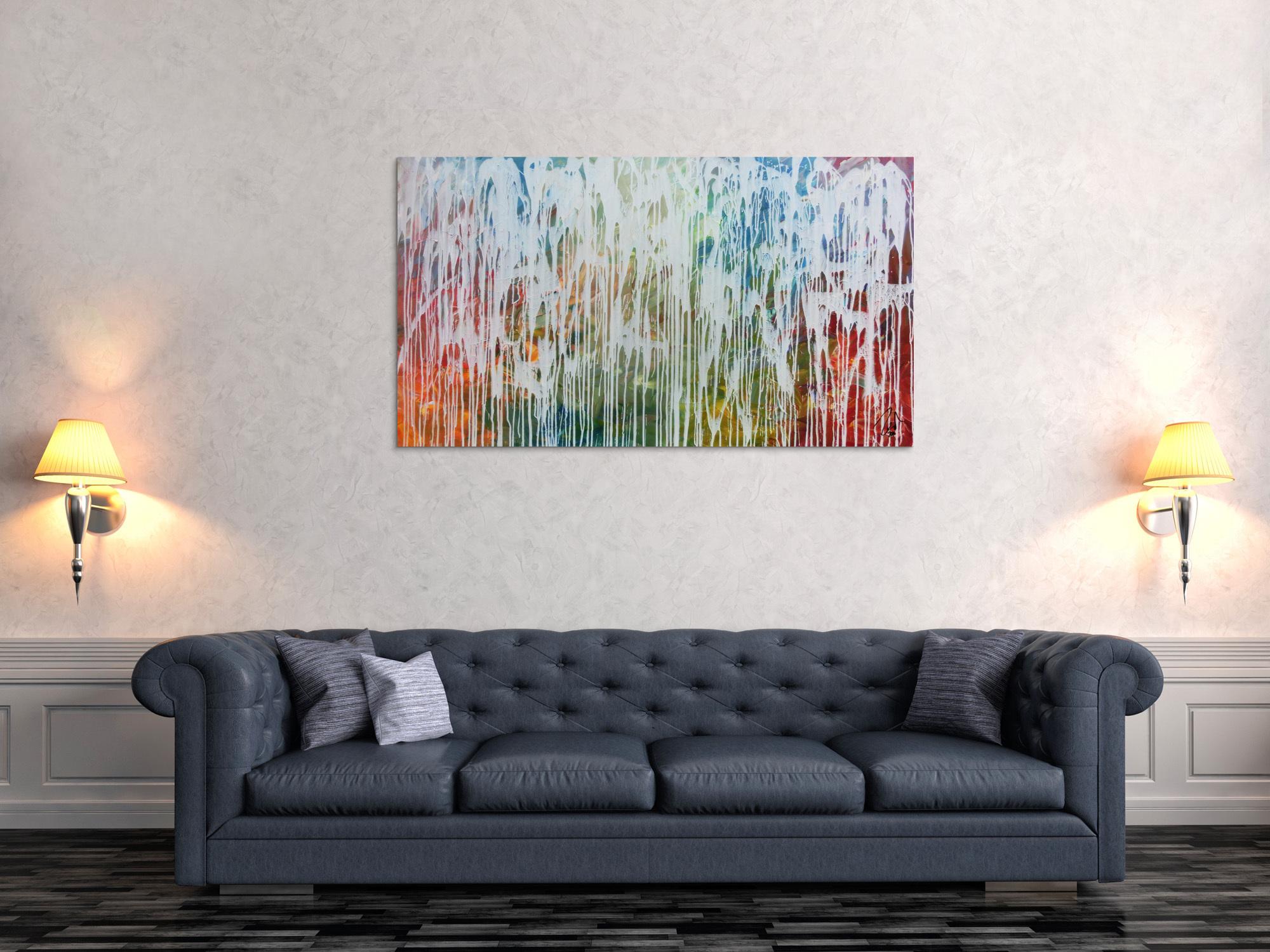 Sehr modernes Acrylgemälde abstrakt viele bunte Farben mit weiß