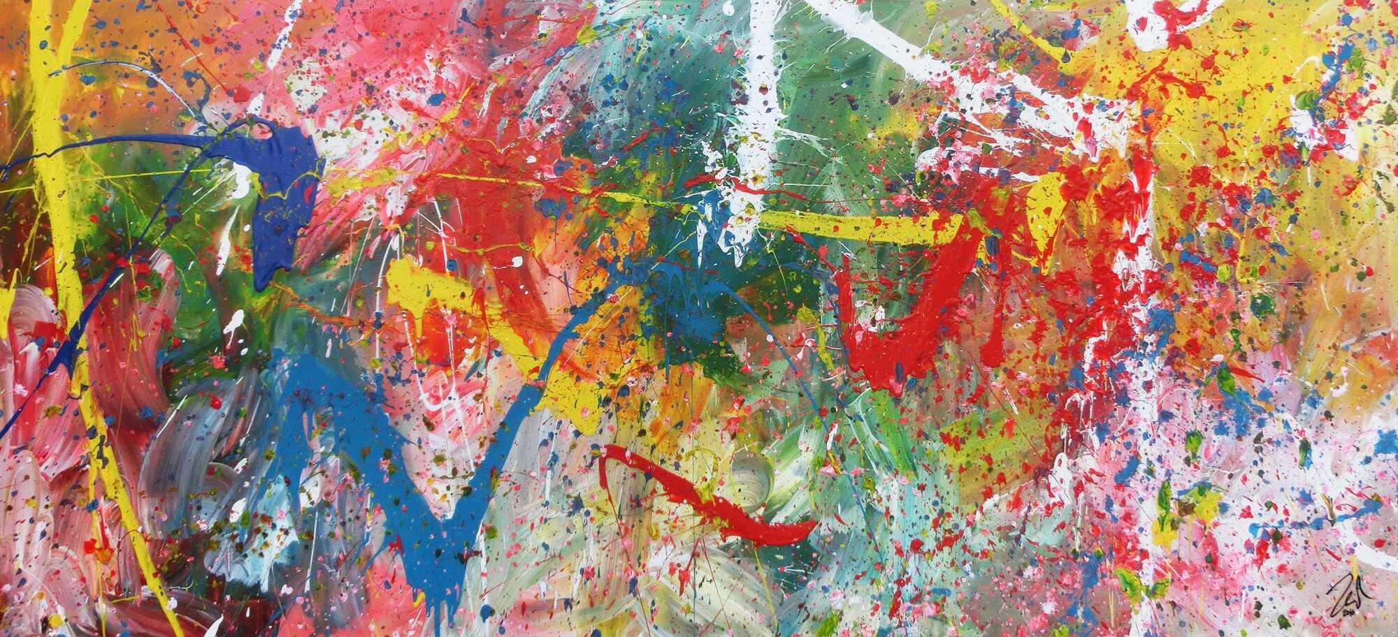 Sehr buntes Acrylbild modern abstrakt verspielt hele bunte Farben