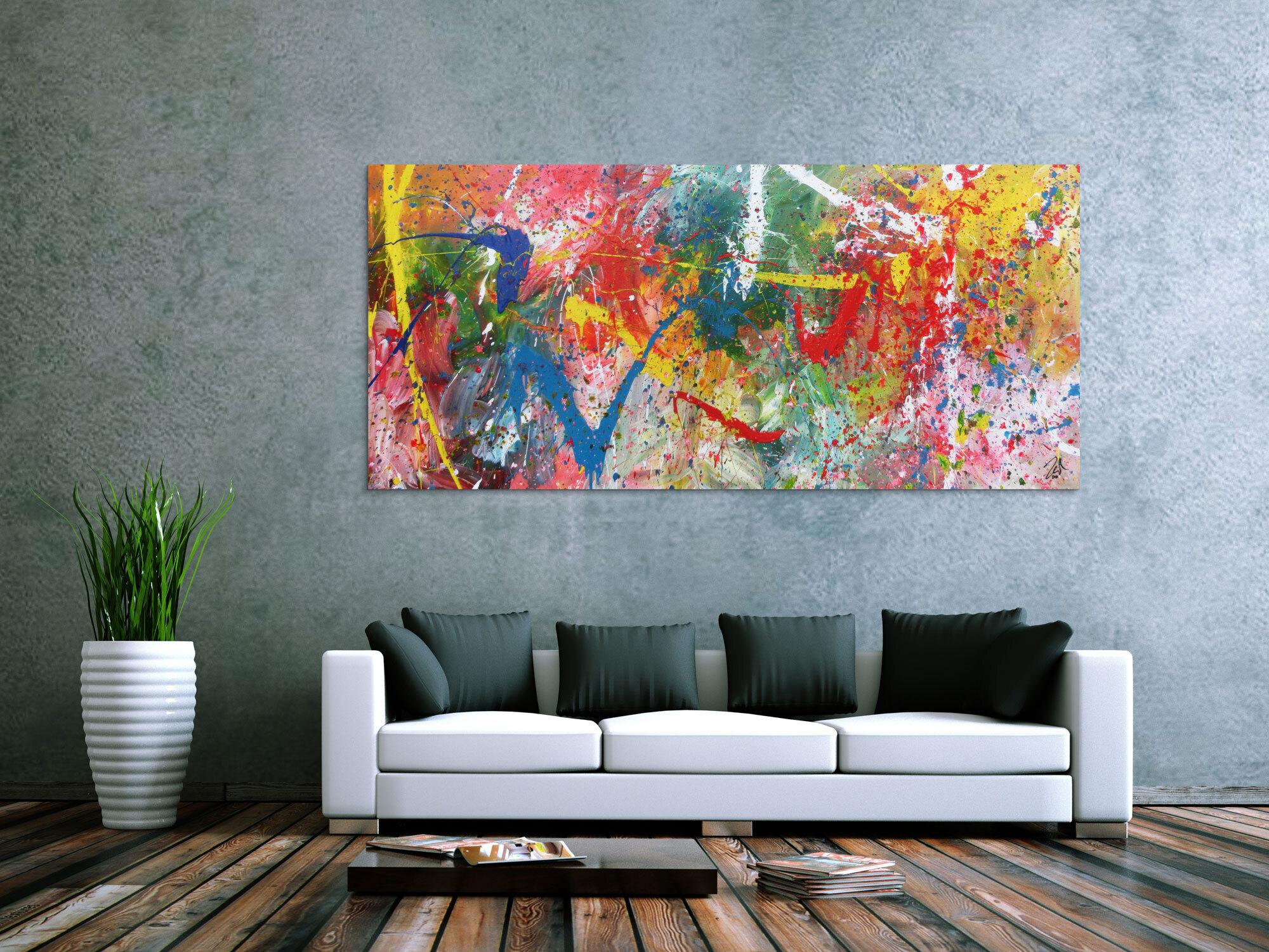 Sehr buntes Acrylbild modern abstrakt verspielt hele bunte Farben