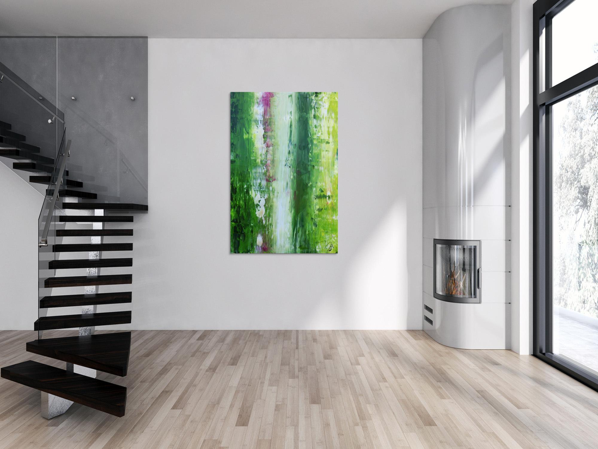 Abstraktes Acrylgemälde Spachteltechnik modern in grün weiß