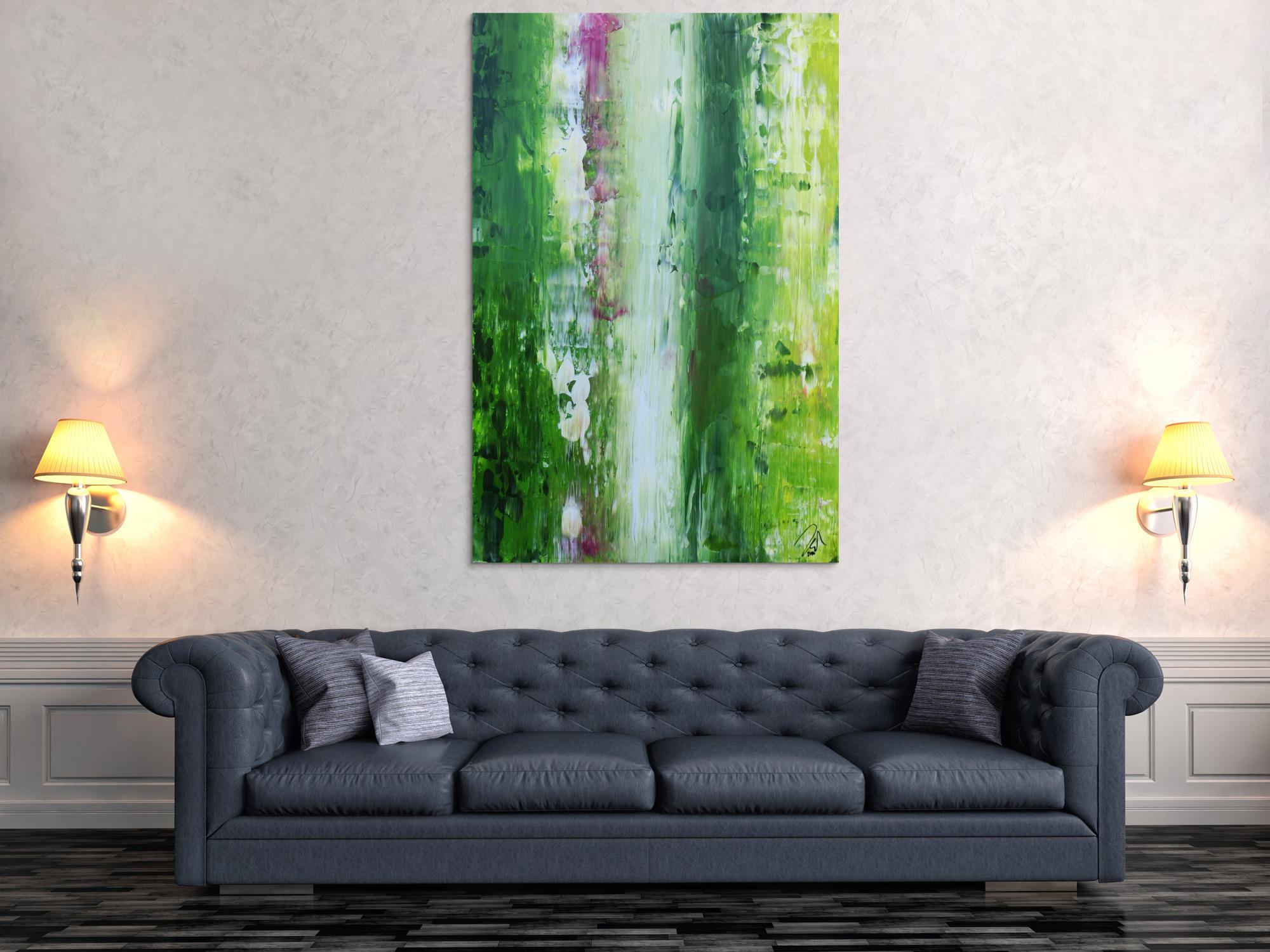 Abstraktes Acrylgemälde Spachteltechnik modern in grün weiß