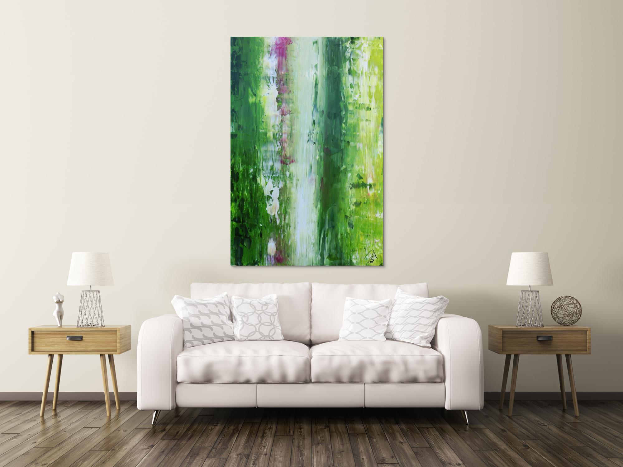 Abstraktes Acrylgemälde Spachteltechnik modern in grün weiß