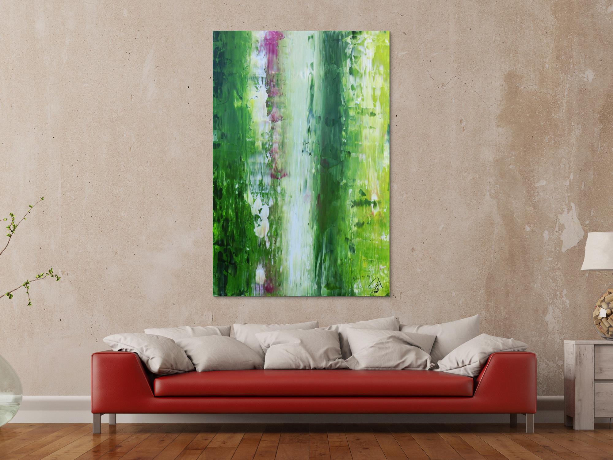 Abstraktes Acrylgemälde Spachteltechnik modern in grün weiß