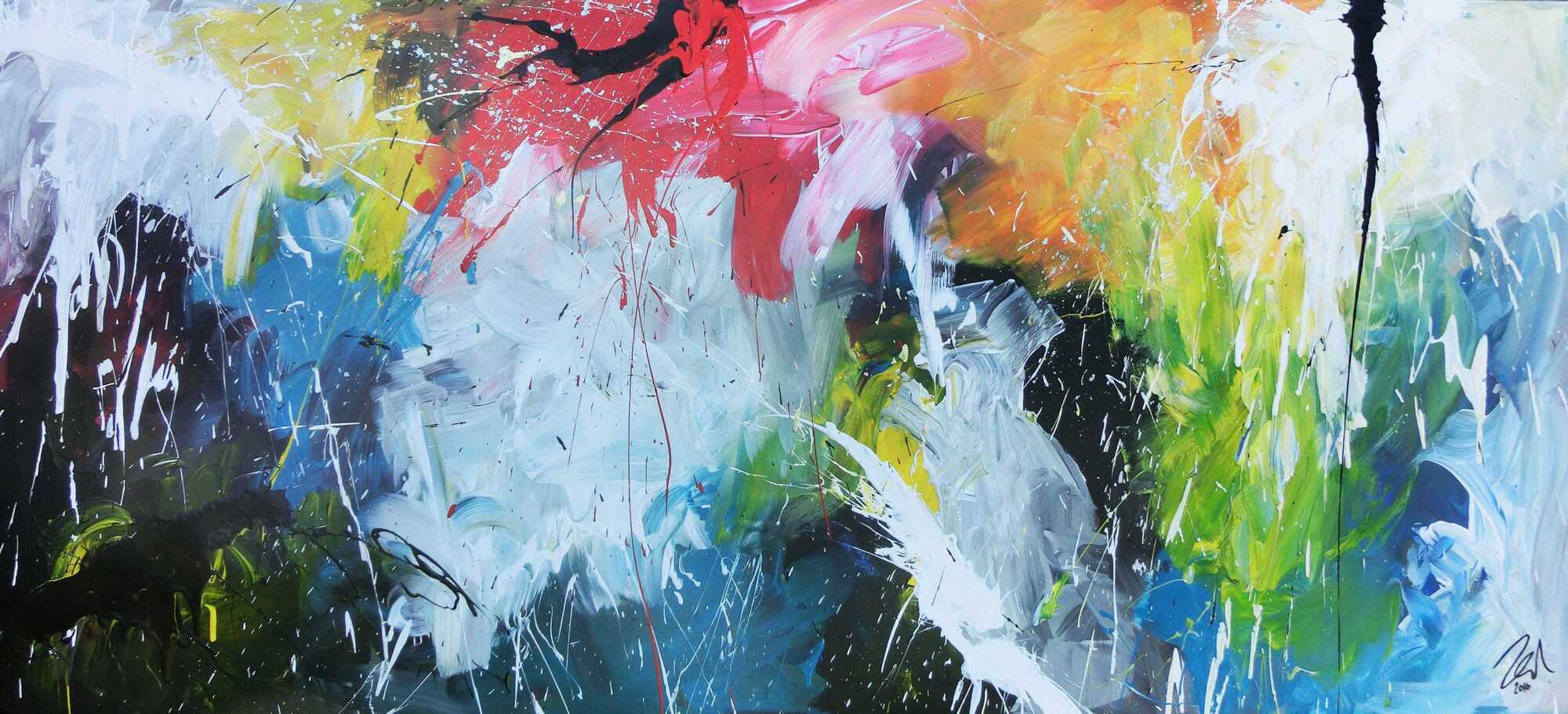 Sehr abstraktes modernes Acrylgemälde mit vielen bunten Farben