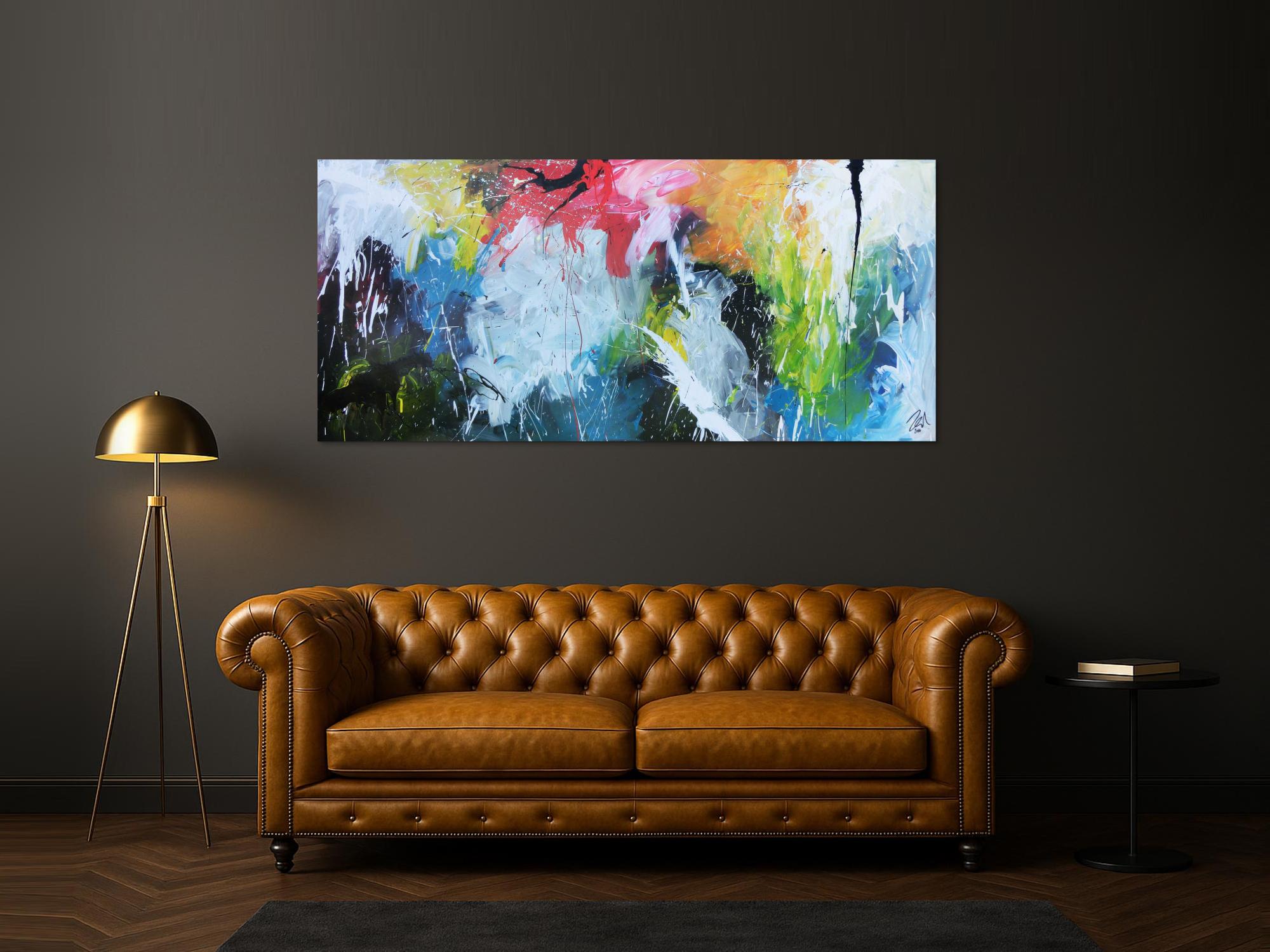 Sehr abstraktes modernes Acrylgemälde mit vielen bunten Farben