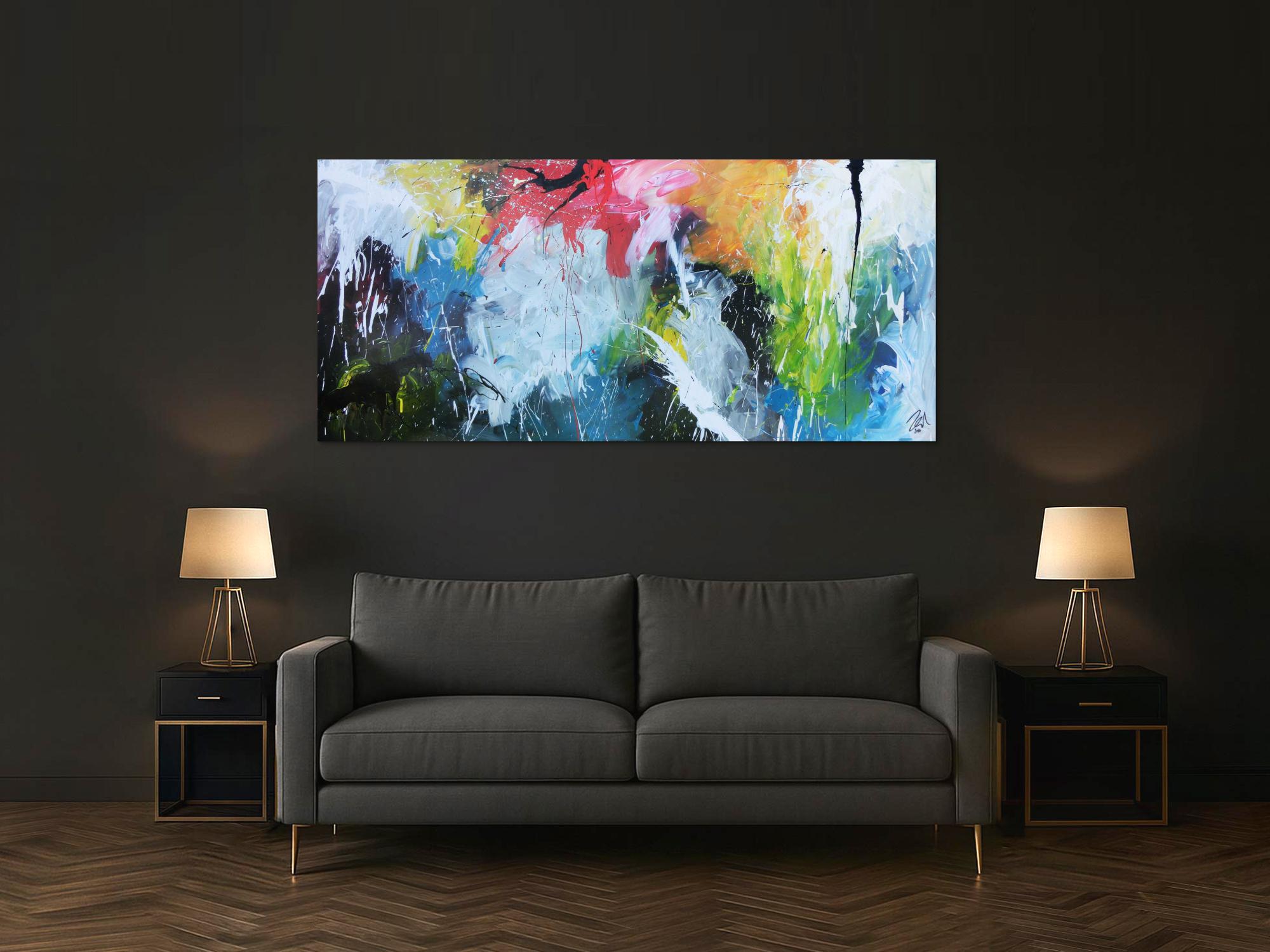 Sehr abstraktes modernes Acrylgemälde mit vielen bunten Farben