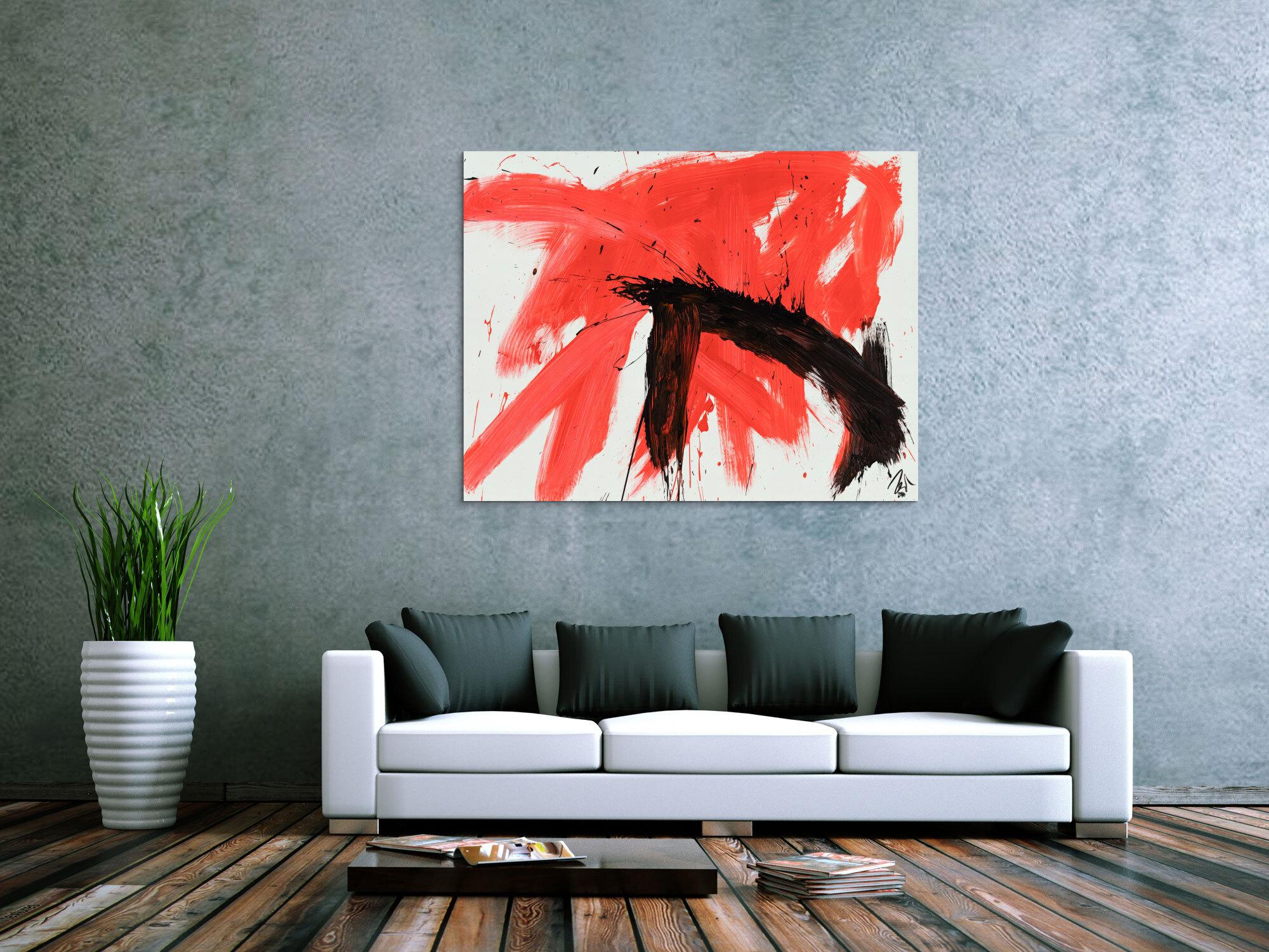 Original Gemälde abstrakt 100x130cm Minimalistisch Modern Art handgemalt Action Painting rot weiß schwarz Unikat