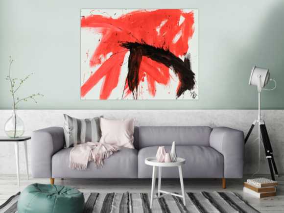 Original Gemälde abstrakt 100x130cm Minimalistisch Modern Art handgemalt Action Painting rot weiß schwarz Unikat