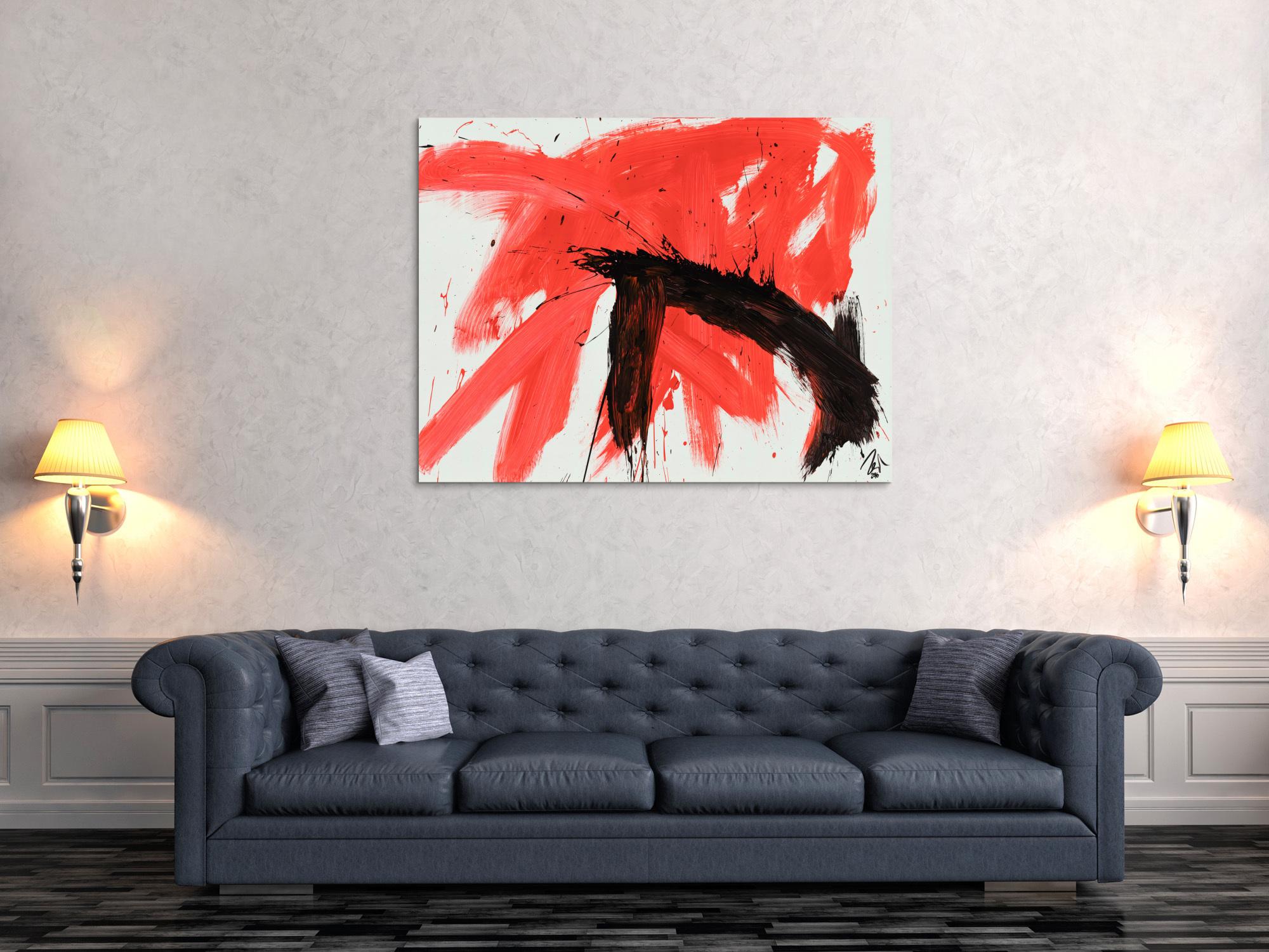 Original Gemälde abstrakt 100x130cm Minimalistisch Modern Art handgemalt Action Painting rot weiß schwarz Unikat