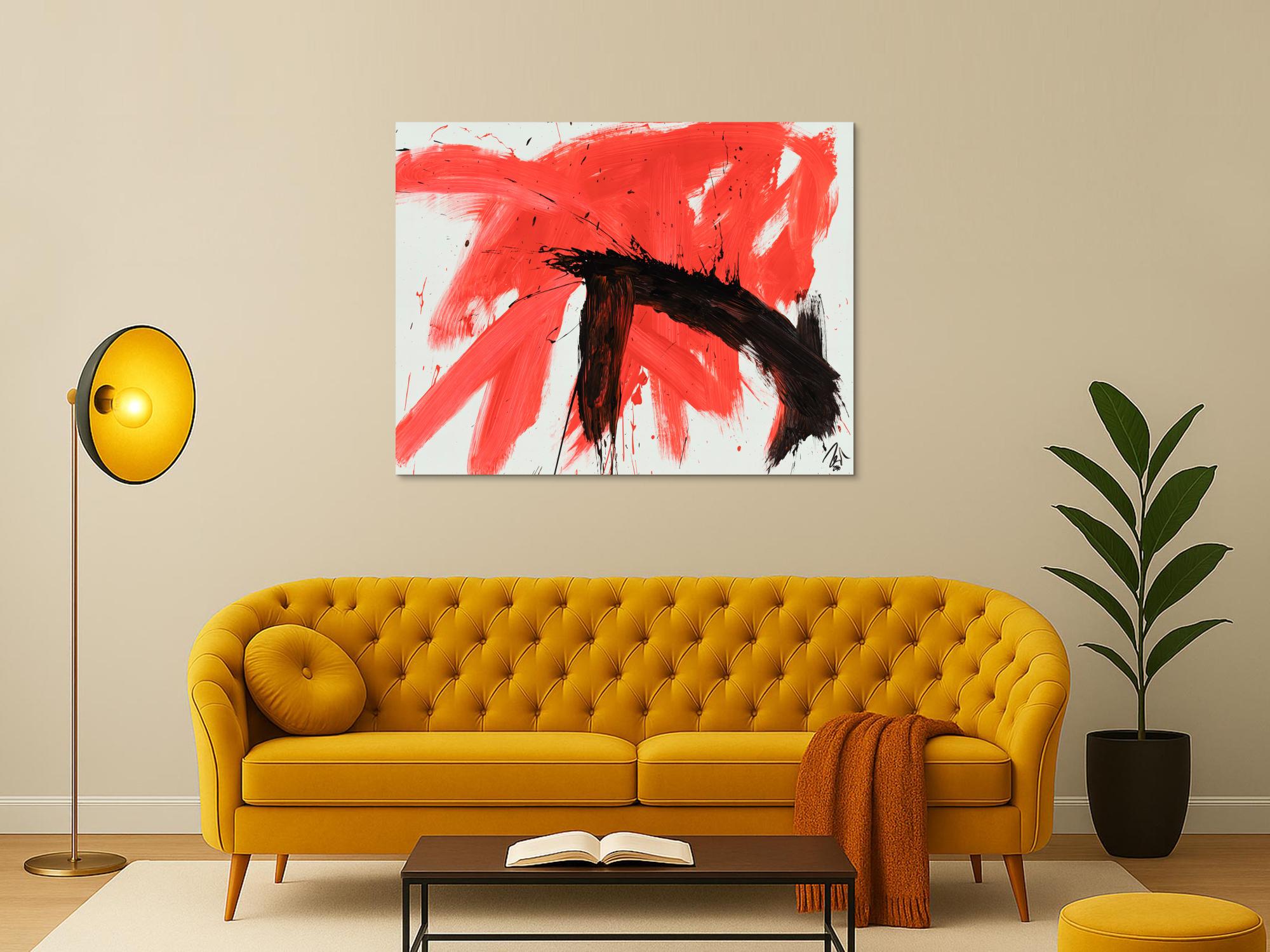 Original Gemälde abstrakt 100x130cm Minimalistisch Modern Art handgemalt Action Painting rot weiß schwarz Unikat