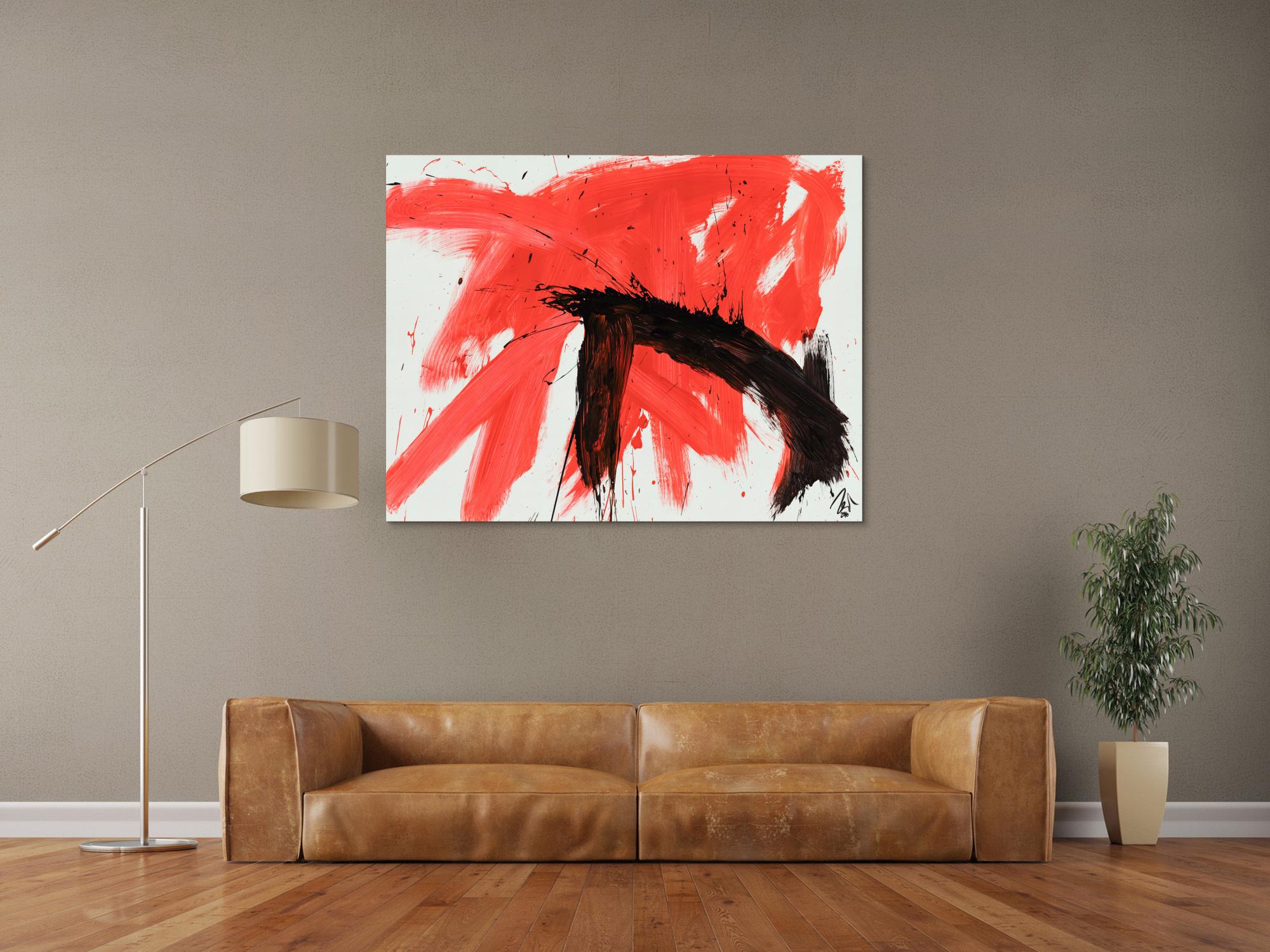 Original Gemälde abstrakt 100x130cm Minimalistisch Modern Art handgemalt Action Painting rot weiß schwarz Unikat