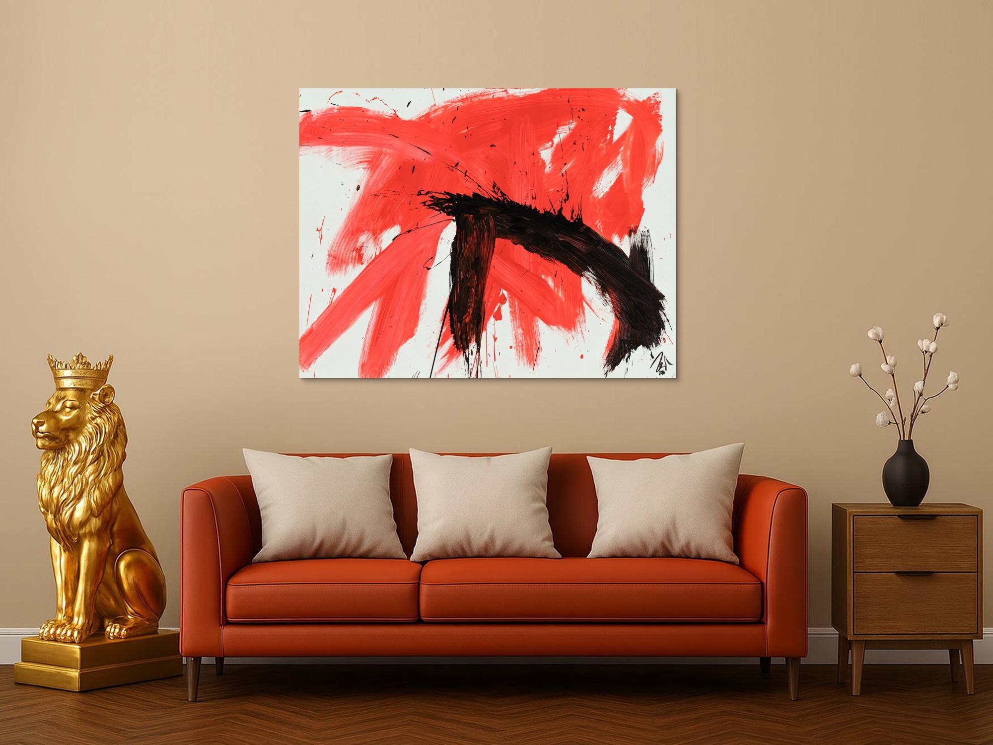 Original Gemälde abstrakt 100x130cm Minimalistisch Modern Art handgemalt Action Painting rot weiß schwarz Unikat