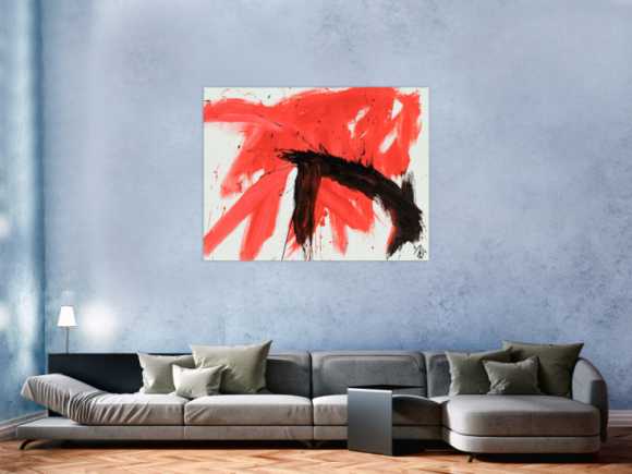 Original Gemälde abstrakt 100x130cm Minimalistisch Modern Art handgemalt Action Painting rot weiß schwarz Unikat