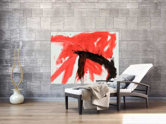 Original Gemälde abstrakt 100x130cm Minimalistisch Modern Art handgemalt Action Painting rot weiß schwarz Unikat