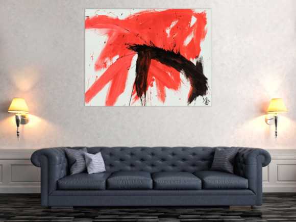 Original Gemälde abstrakt 100x130cm Minimalistisch Modern Art handgemalt Action Painting rot weiß schwarz Unikat
