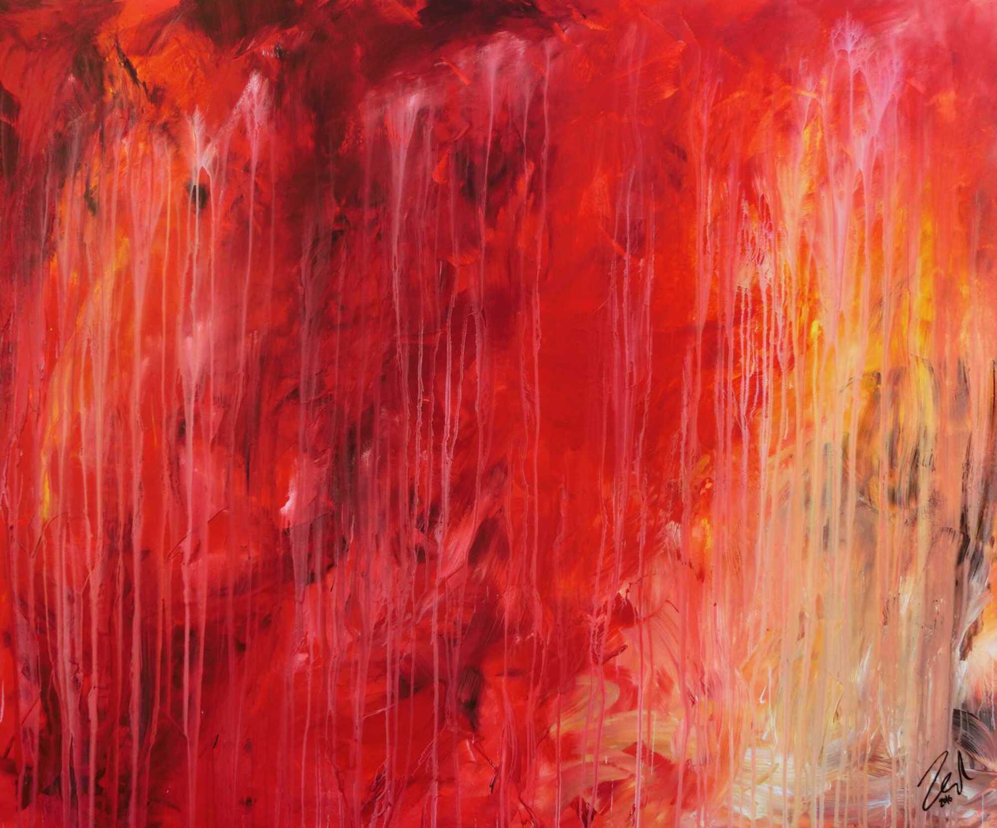 Modernes Gemälde abstrakt mit sehr viel rot und warmen Farben