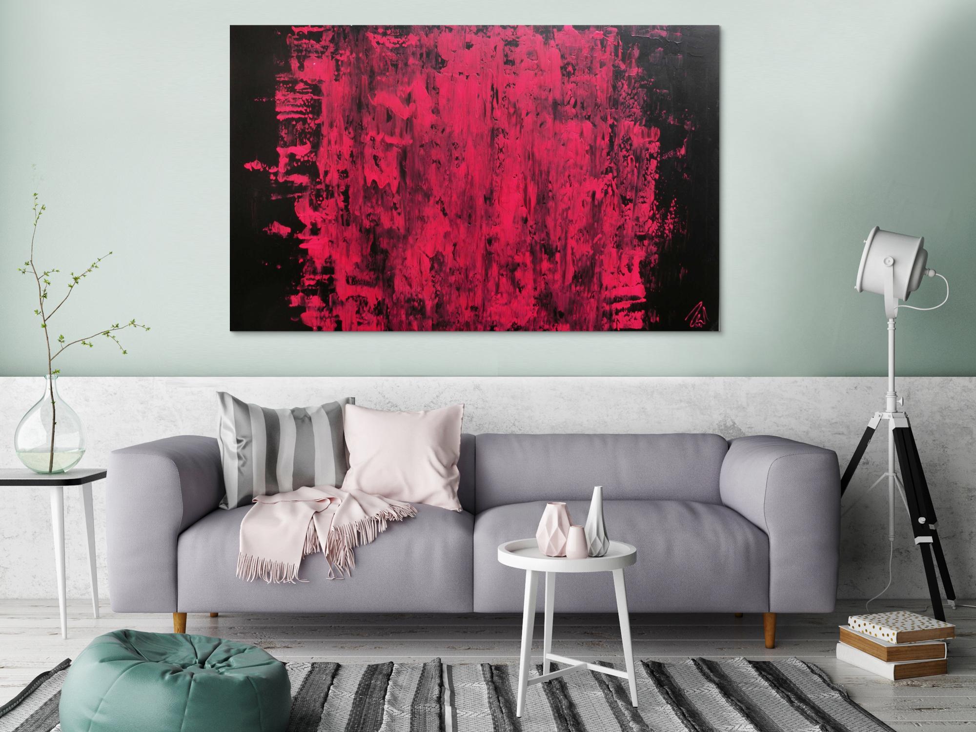 Abstraktes Acrylbild modern minimalistisch in schwarz und pink