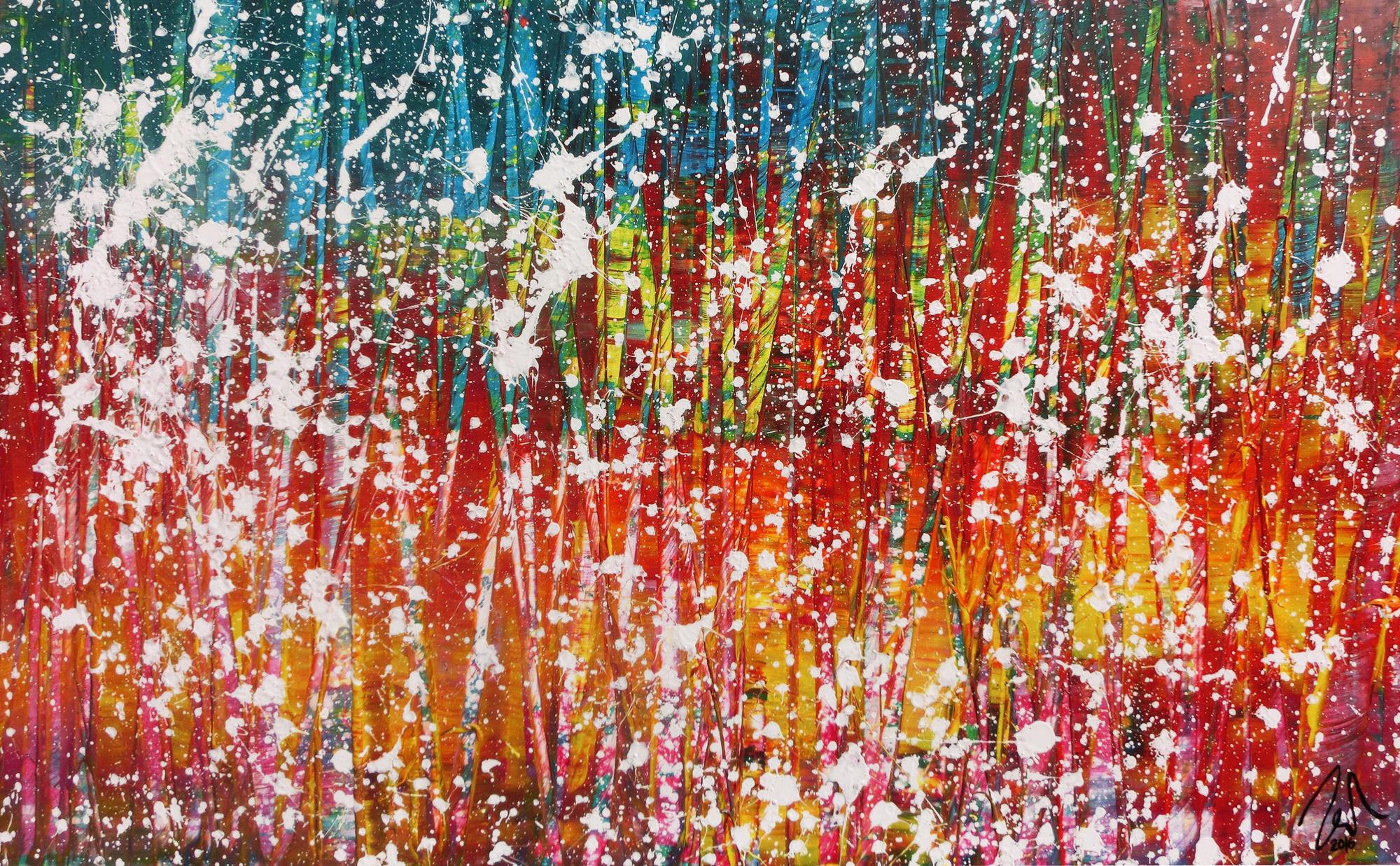 Buntes abstraktes Acrylbild sehr modern mit viel gelb rot und türkis