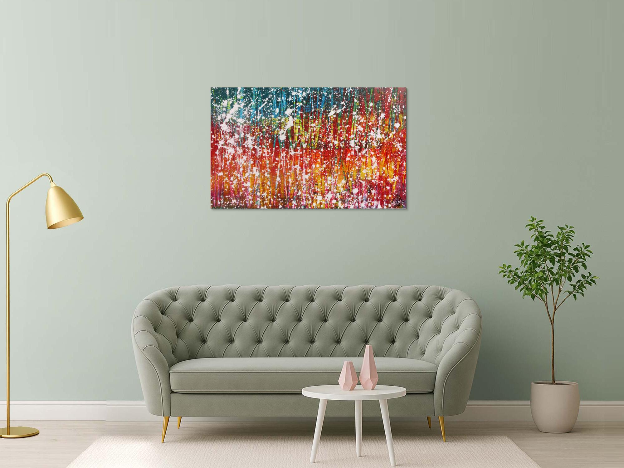 Buntes abstraktes Acrylbild sehr modern mit viel gelb rot und türkis