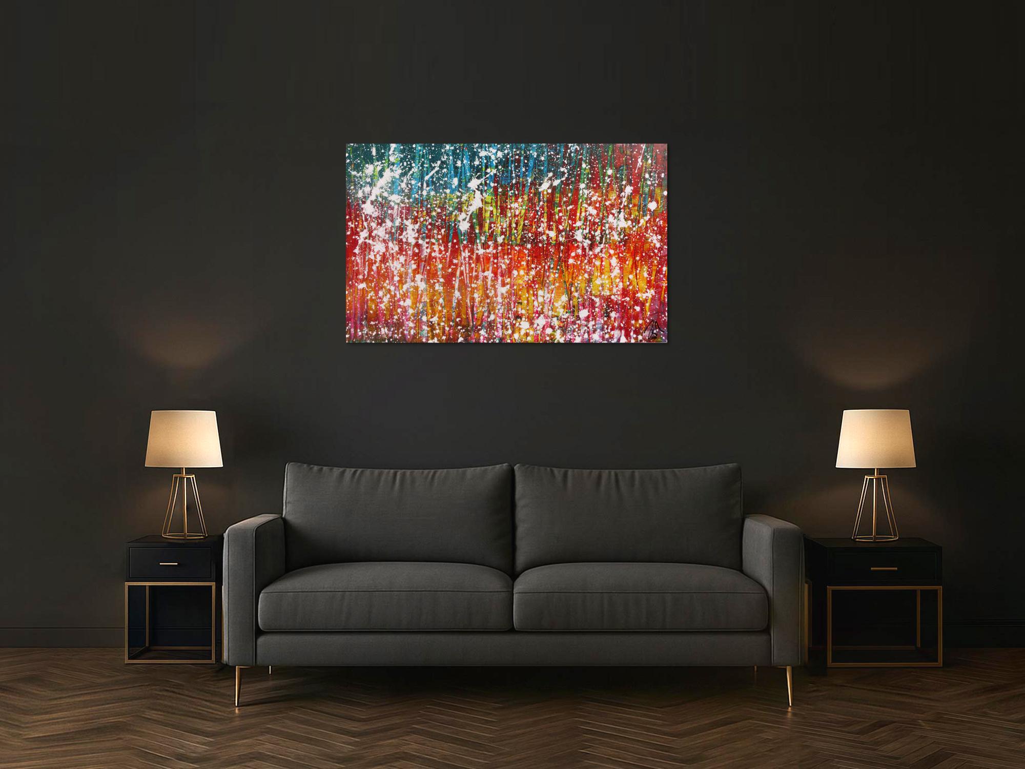 Buntes abstraktes Acrylbild sehr modern mit viel gelb rot und türkis