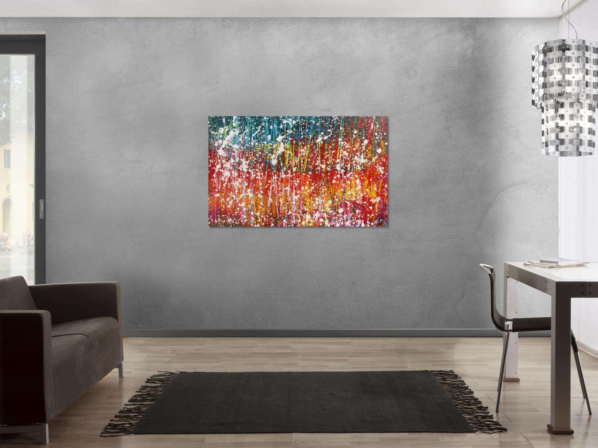 Buntes abstraktes Acrylbild sehr modern mit viel gelb rot und türkis