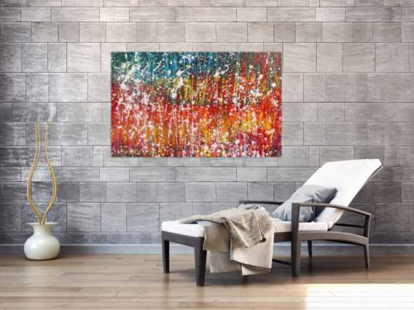 Buntes abstraktes Acrylbild sehr modern mit viel gelb rot und türkis
