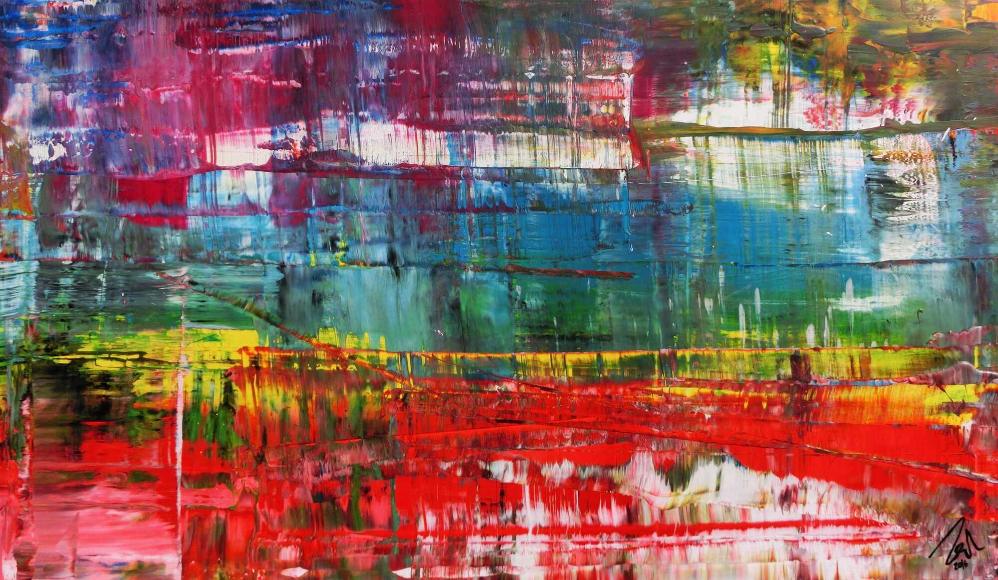 Modernes abstraktes Gemälde Spachteltechnik sehr bunt rot türkis weiß