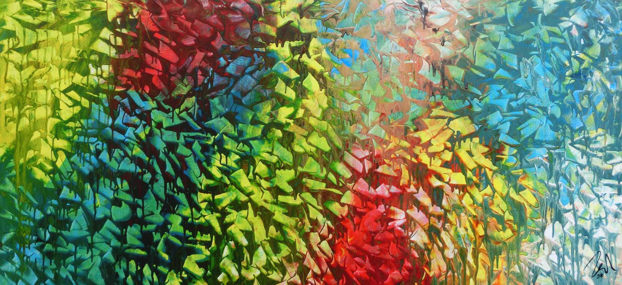 Abstraktes Gemälde sehr bunt modern zeitgenössisch in gelb türkis blau grün und rot