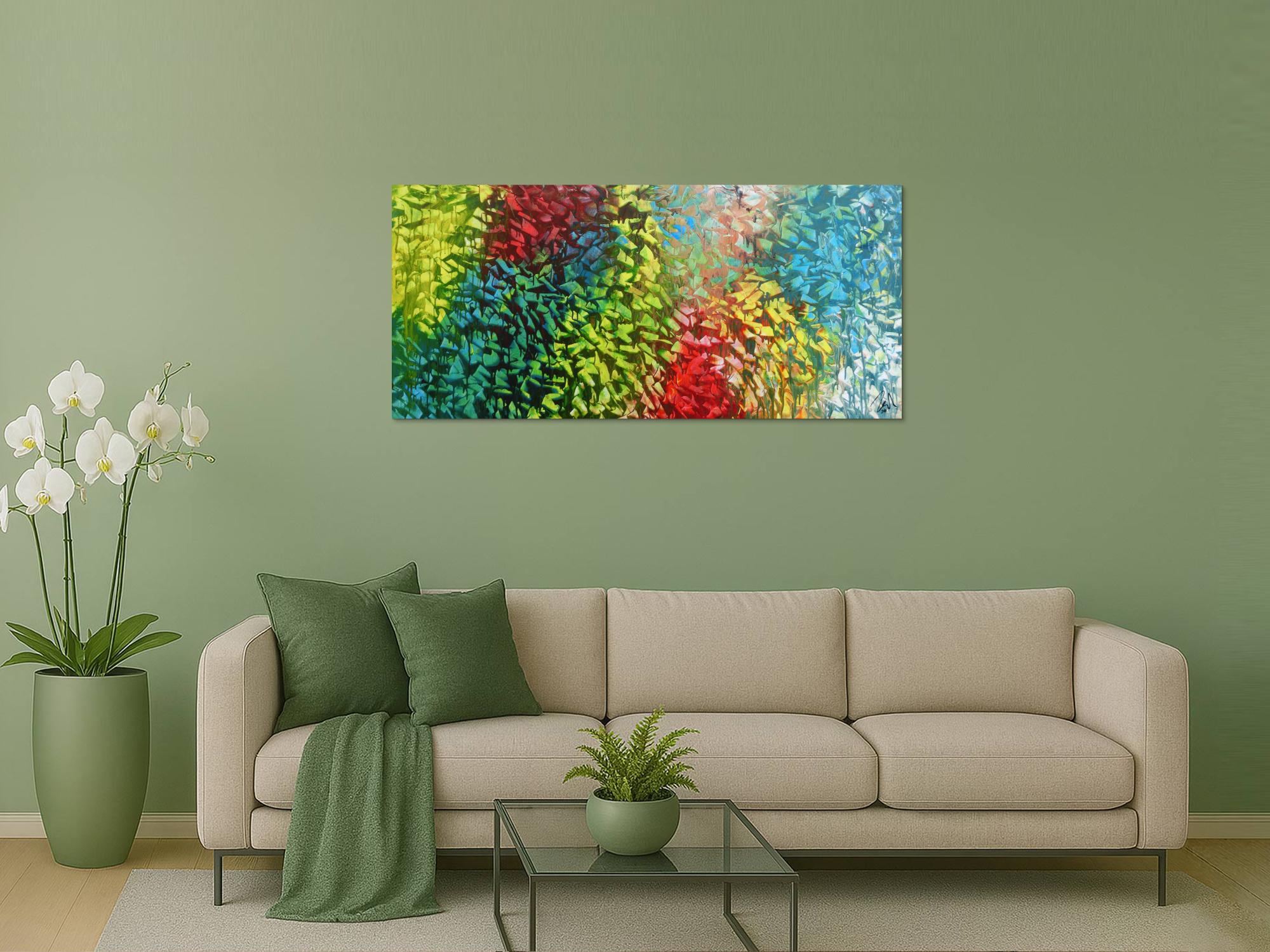 Abstraktes Gemälde sehr bunt modern zeitgenössisch in gelb türkis blau grün und rot