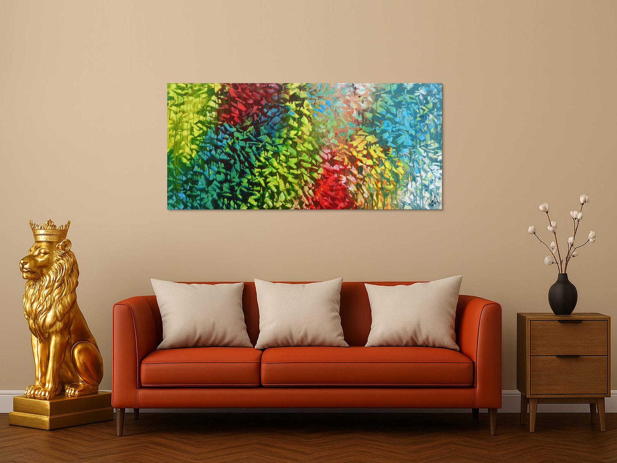 Abstraktes Gemälde sehr bunt modern zeitgenössisch in gelb türkis blau grün und rot