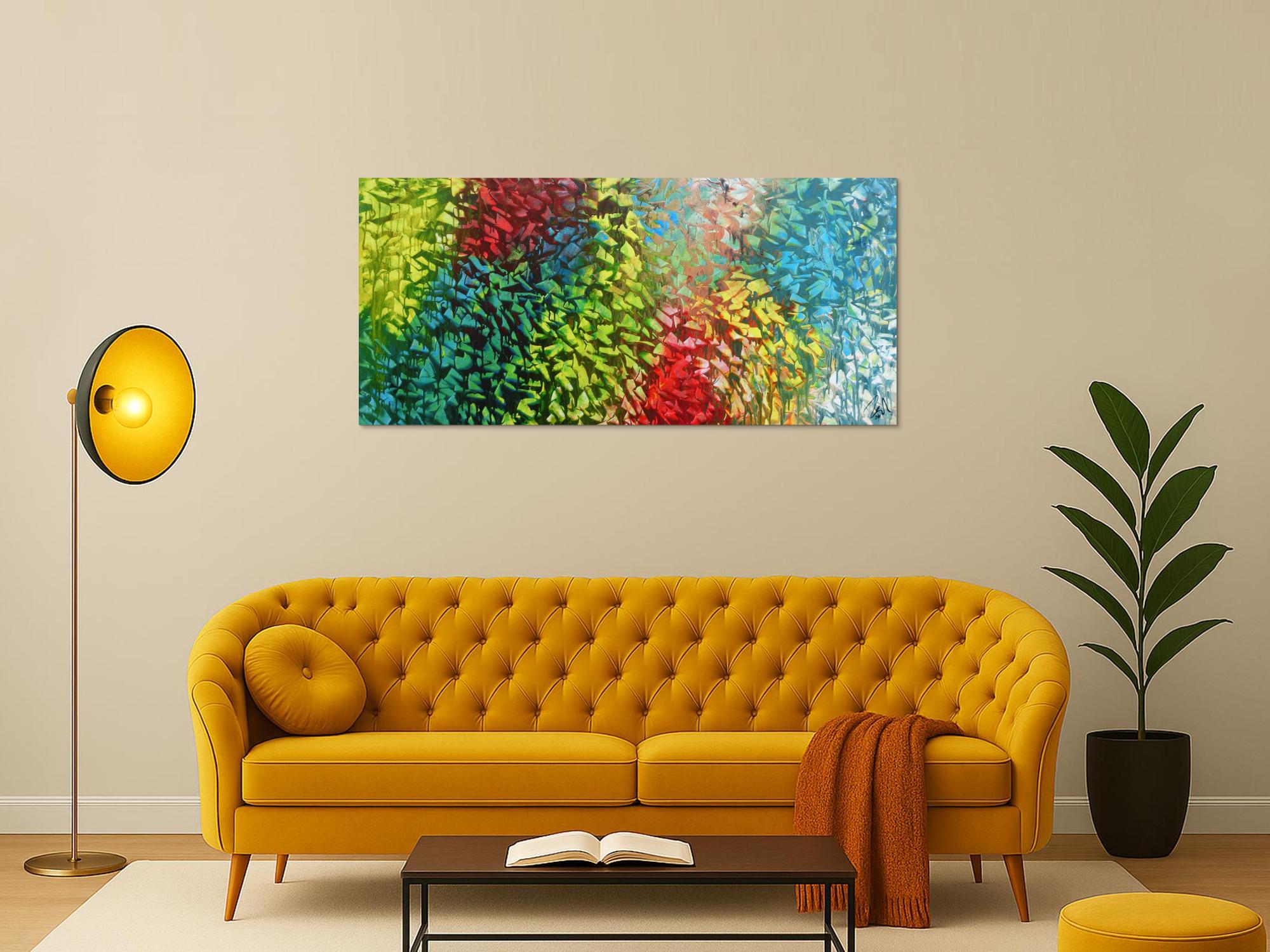 Abstraktes Gemälde sehr bunt modern zeitgenössisch in gelb türkis blau grün und rot