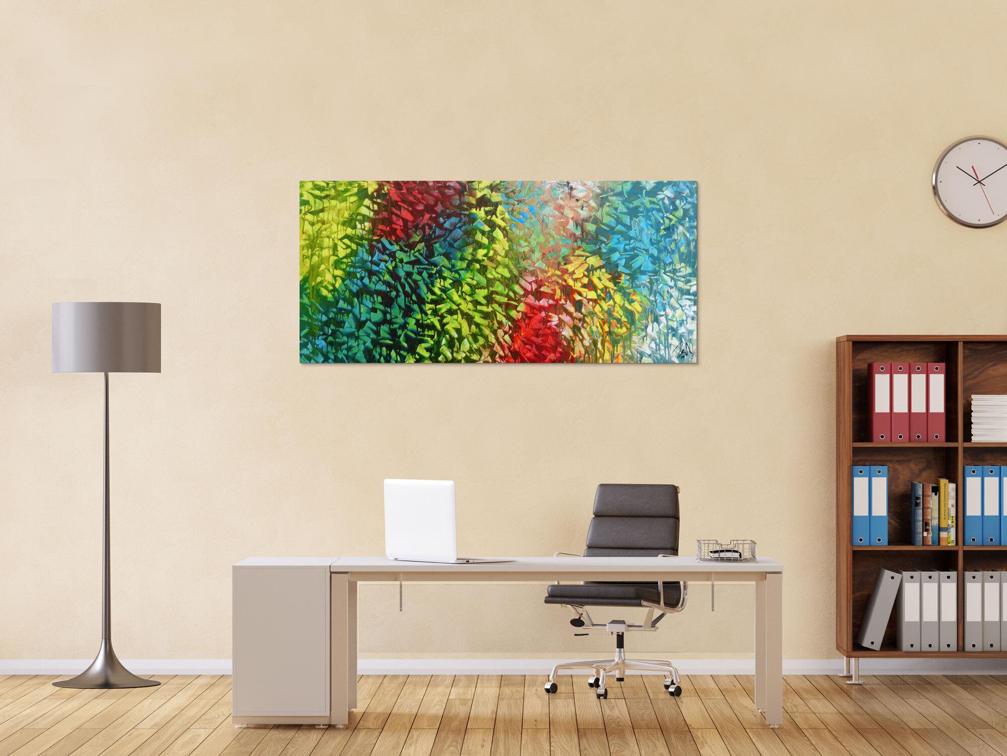 Abstraktes Gemälde sehr bunt modern zeitgenössisch in gelb türkis blau grün und rot