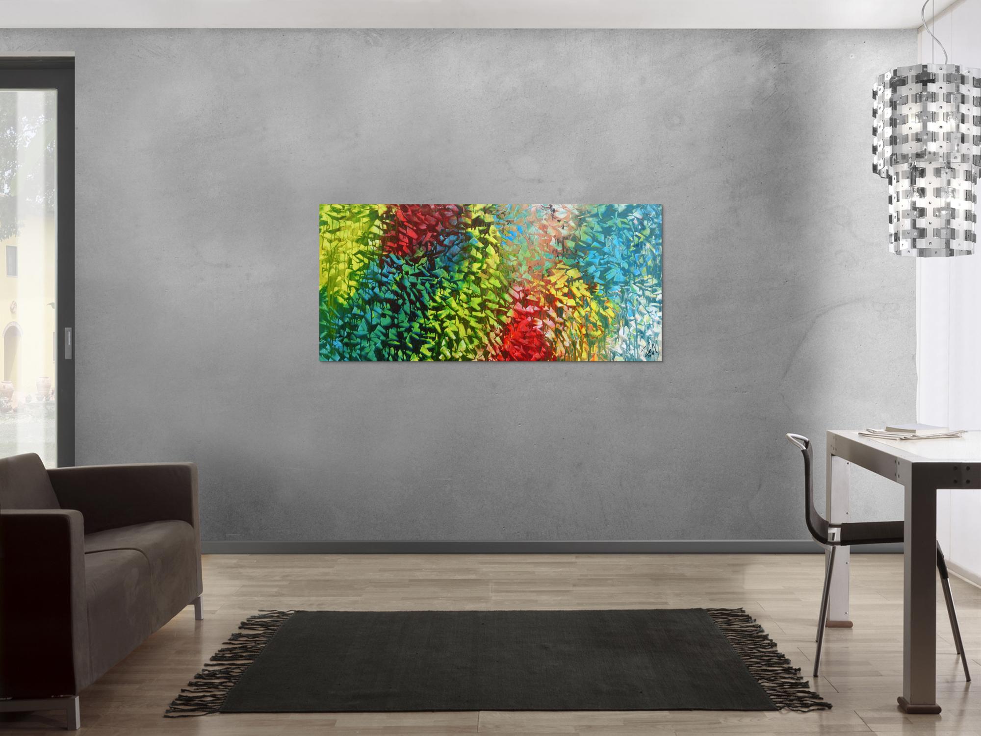 Abstraktes Gemälde sehr bunt modern zeitgenössisch in gelb türkis blau grün und rot