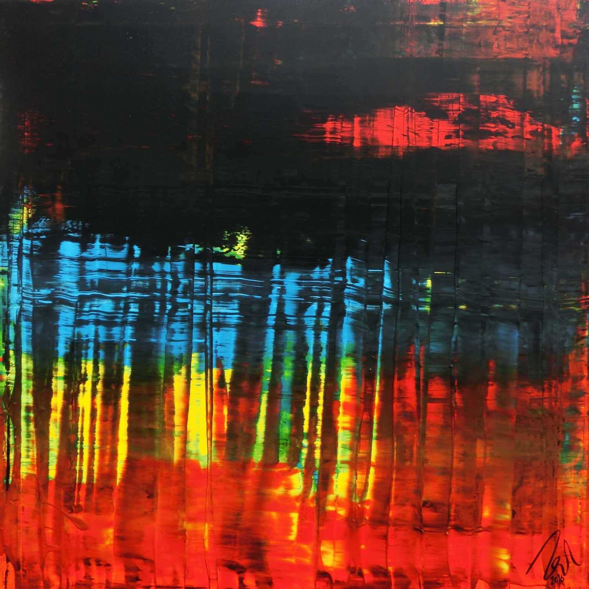 Abstraktes Acrylgemälde dunkel viel schwarz rot blau modern