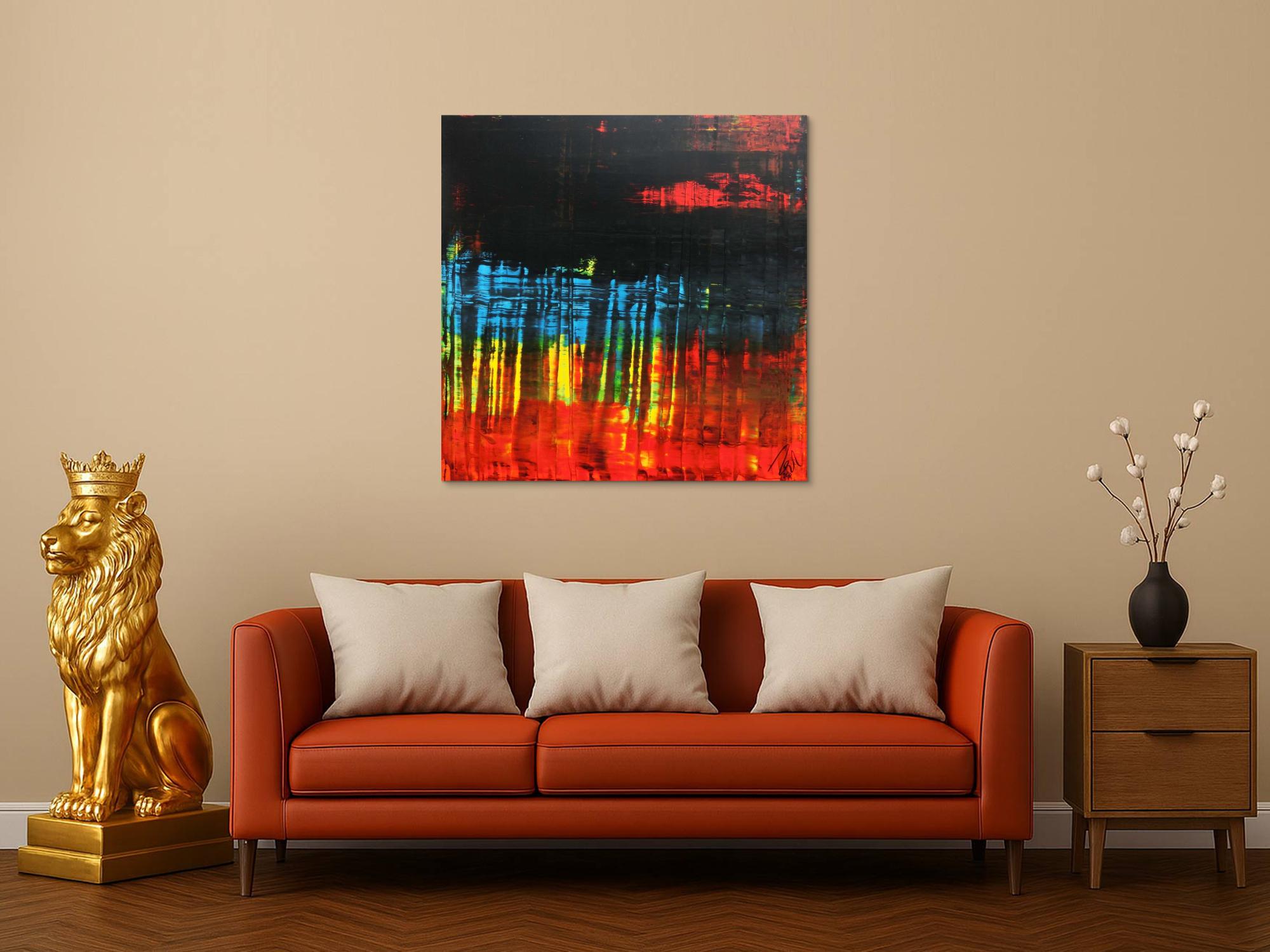 Abstraktes Acrylgemälde dunkel viel schwarz rot blau modern