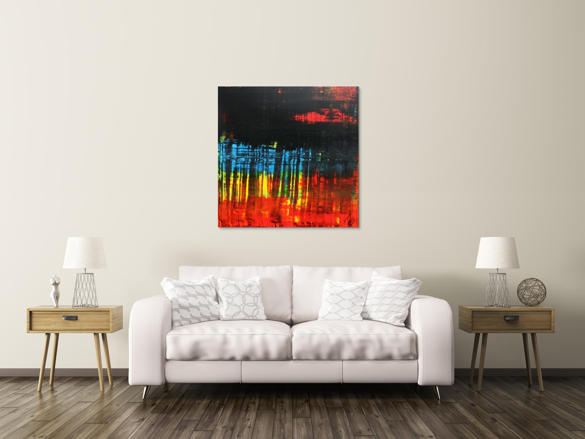 Abstraktes Acrylgemälde dunkel viel schwarz rot blau modern