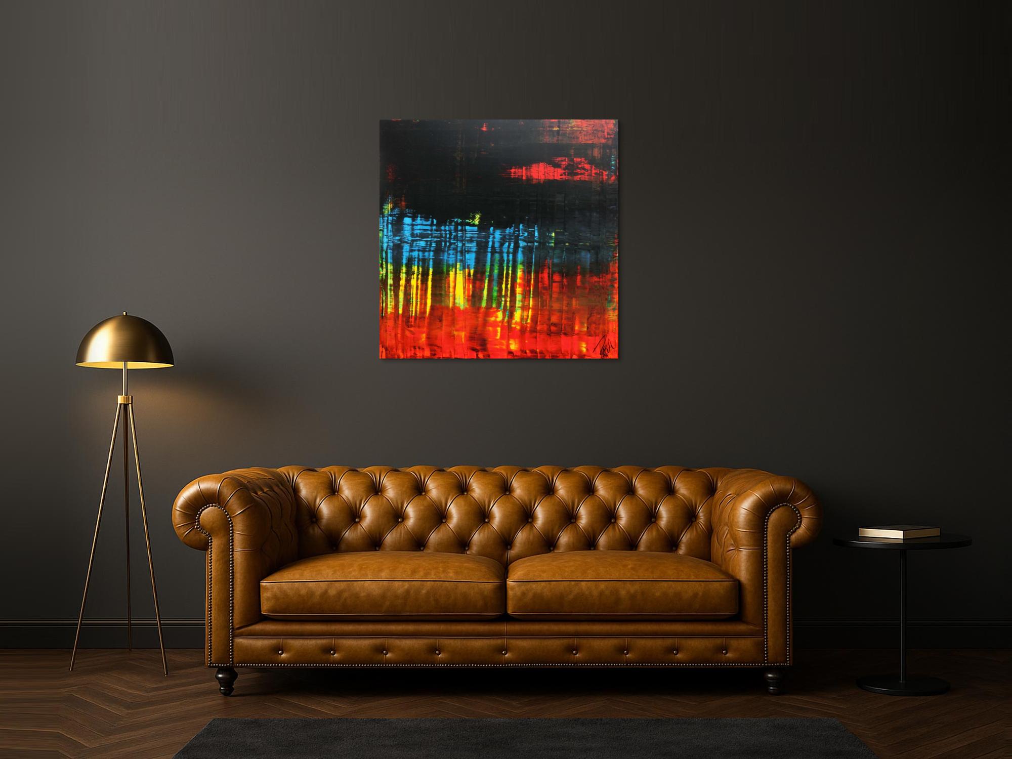 Abstraktes Acrylgemälde dunkel viel schwarz rot blau modern